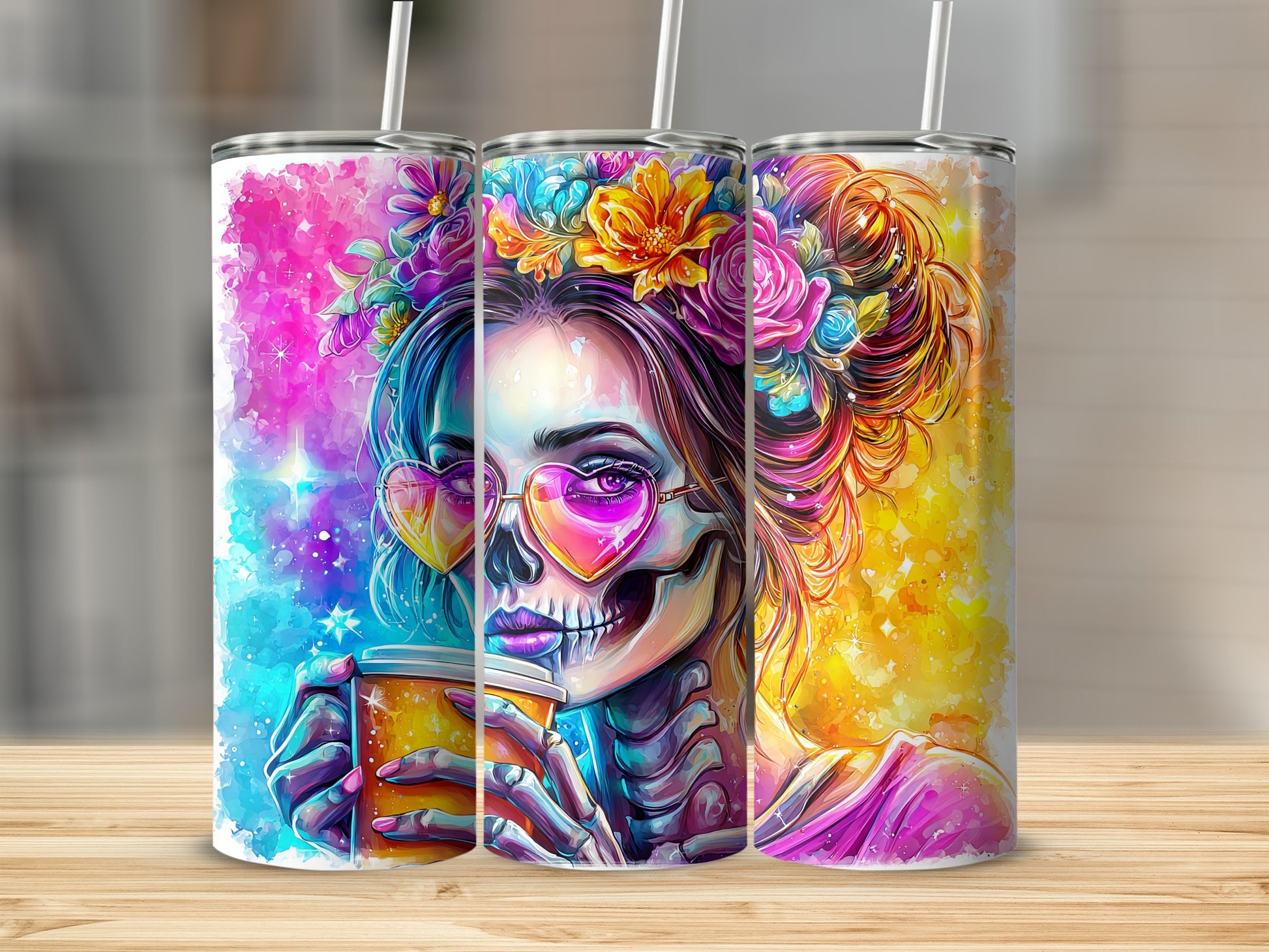 Vibrant Skull Art Tumbler with Heart Glasses