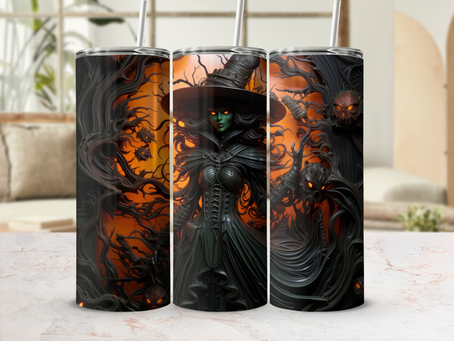 Three tumblers with a dark witch, spooky trees, and glowing orange accents.