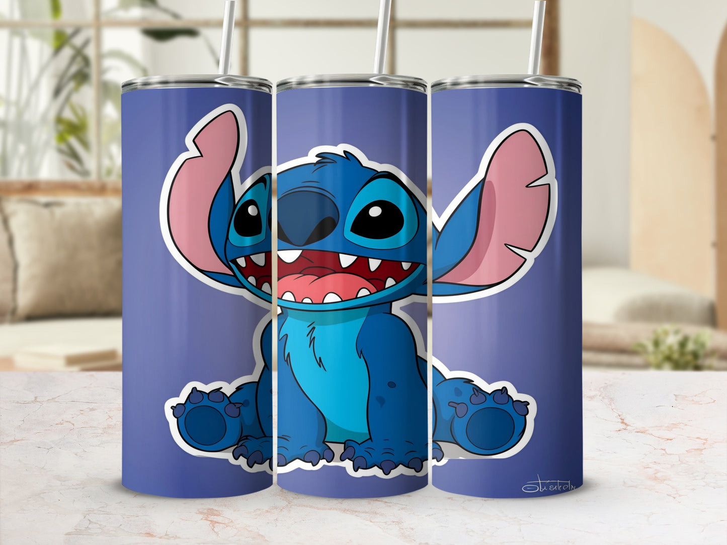 Triptych of Stitch from Lilo & Stitch on blue tumblers with straws.