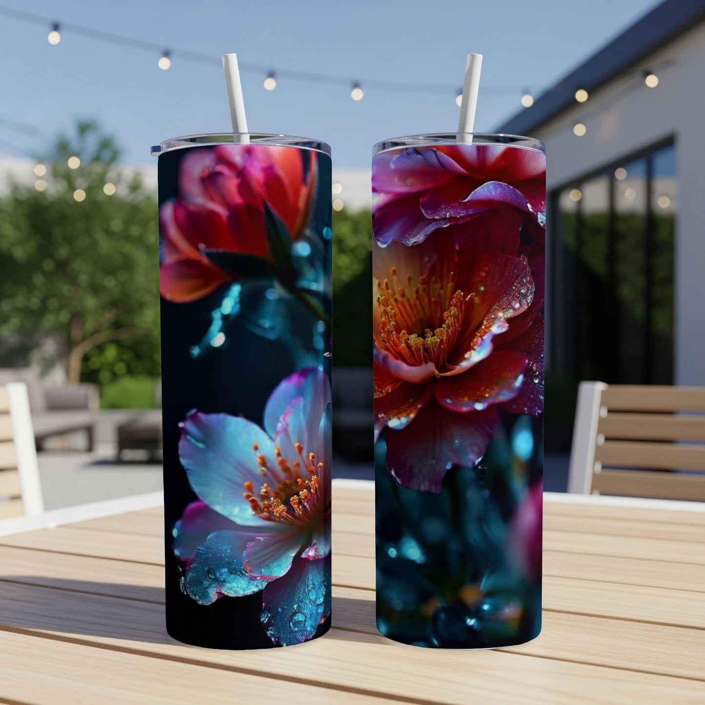 Two tumblers with dew-kissed floral designs sit on a wooden table outdoors.