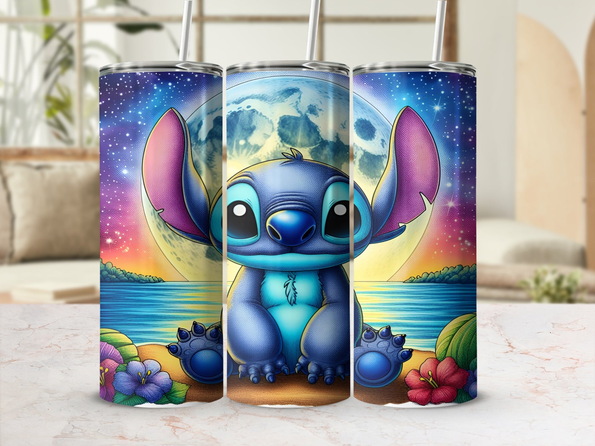 Stitch sitting on a beach with a full moon and starry sky.