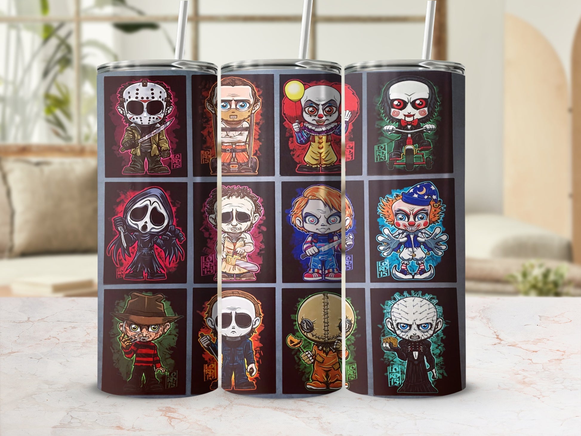 Three tumblers featuring rows of chibi horror movie characters.