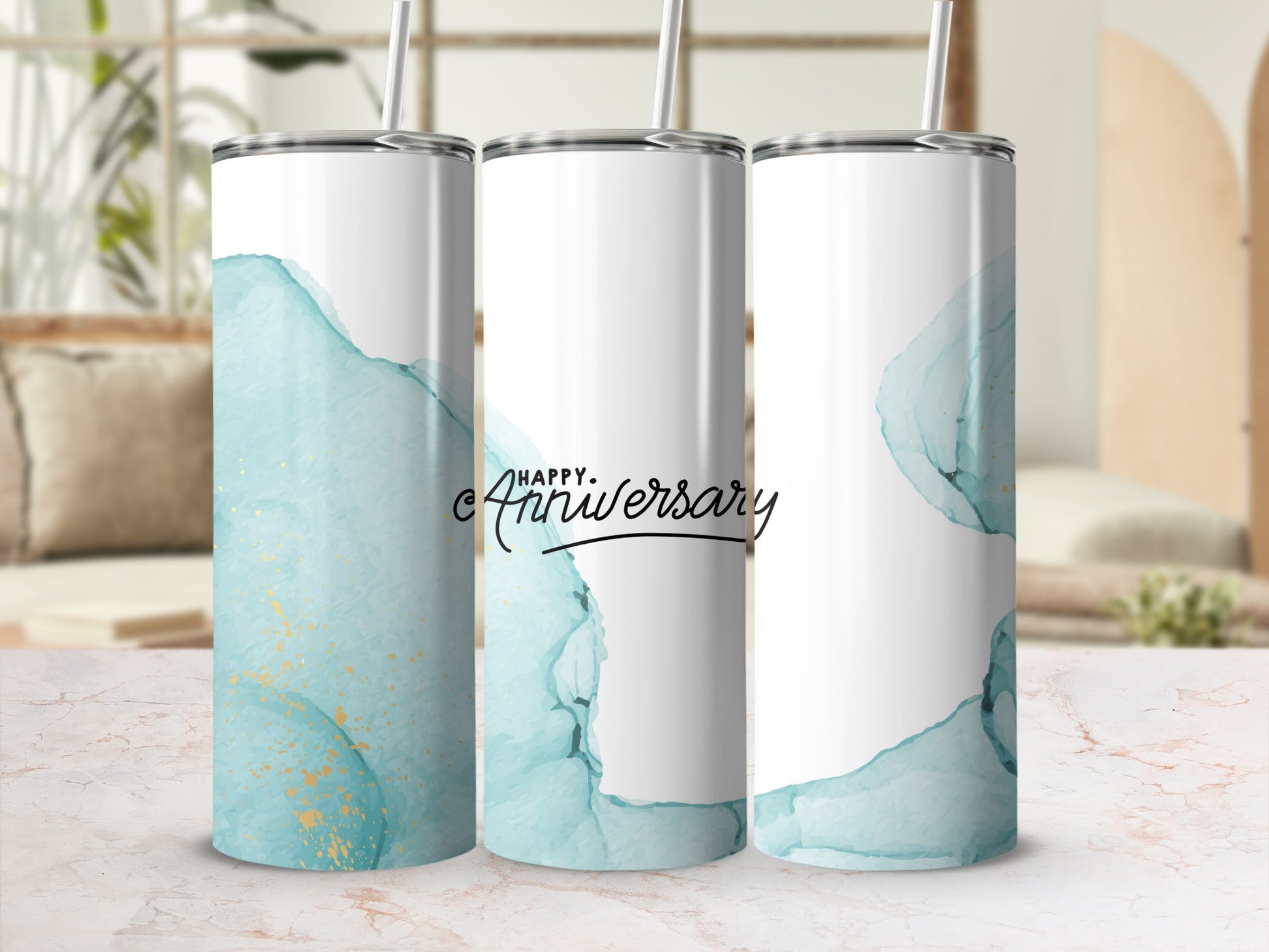 Three tumblers with teal watercolor design and "Happy Anniversary" text.
