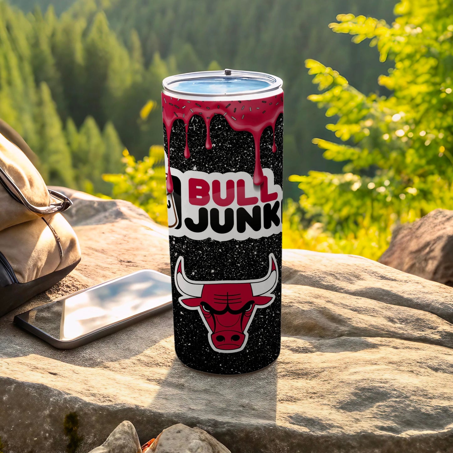 Bull Junk Graphic Travel Tumbler Cup with Red Drips