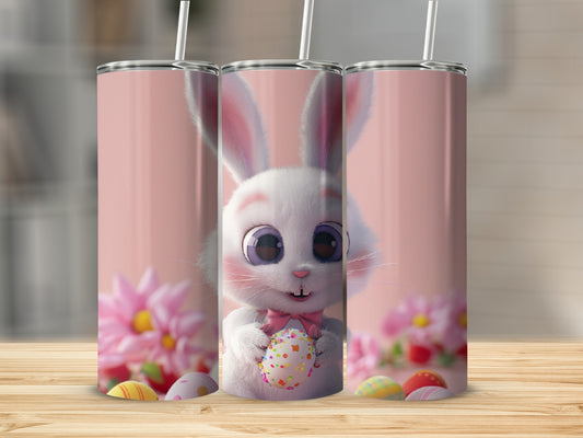 White bunny with pink bow holding an Easter egg, pink background with flowers.