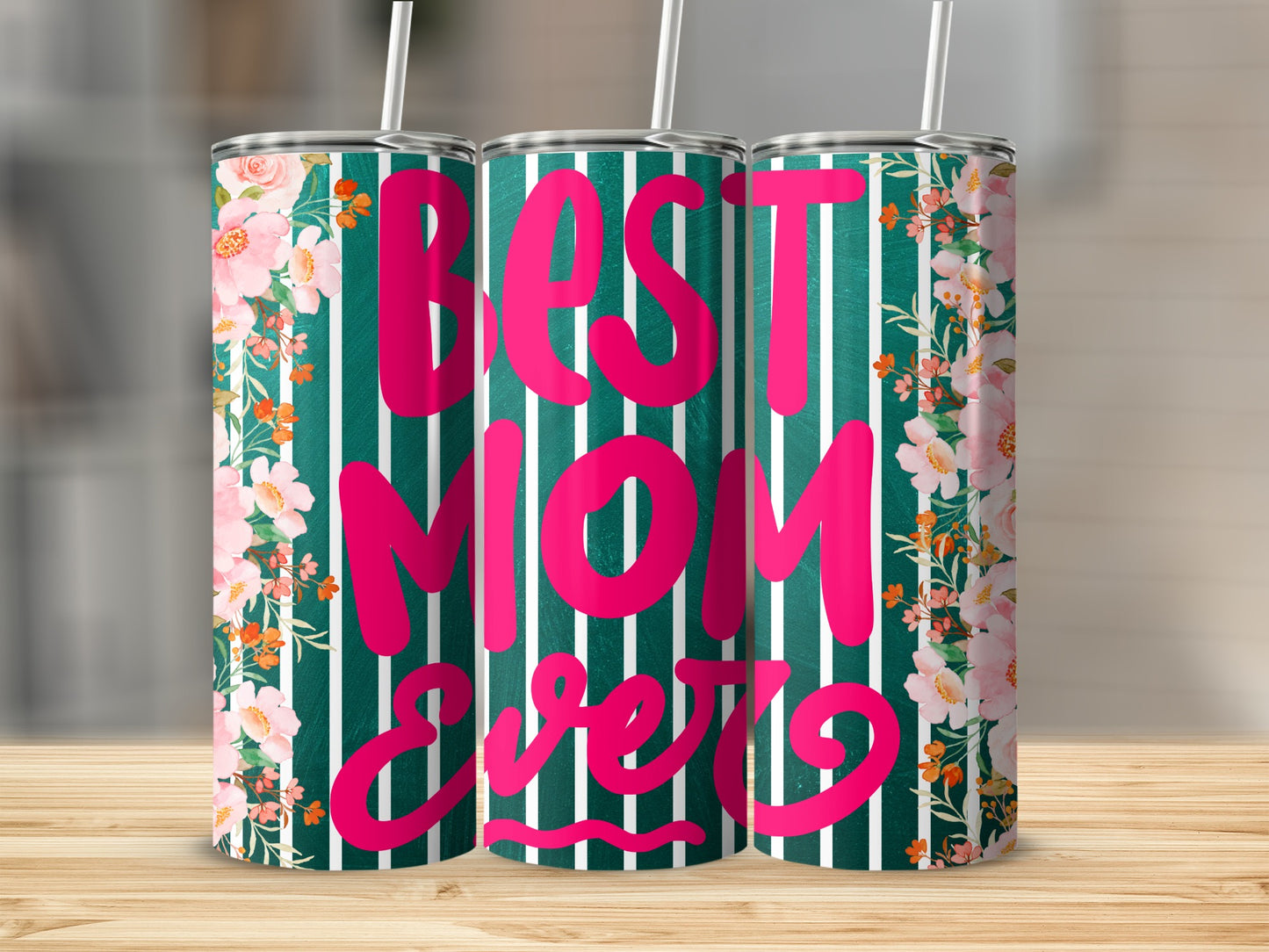 Best Mom Ever Floral Striped Tumbler for Mother's Day
