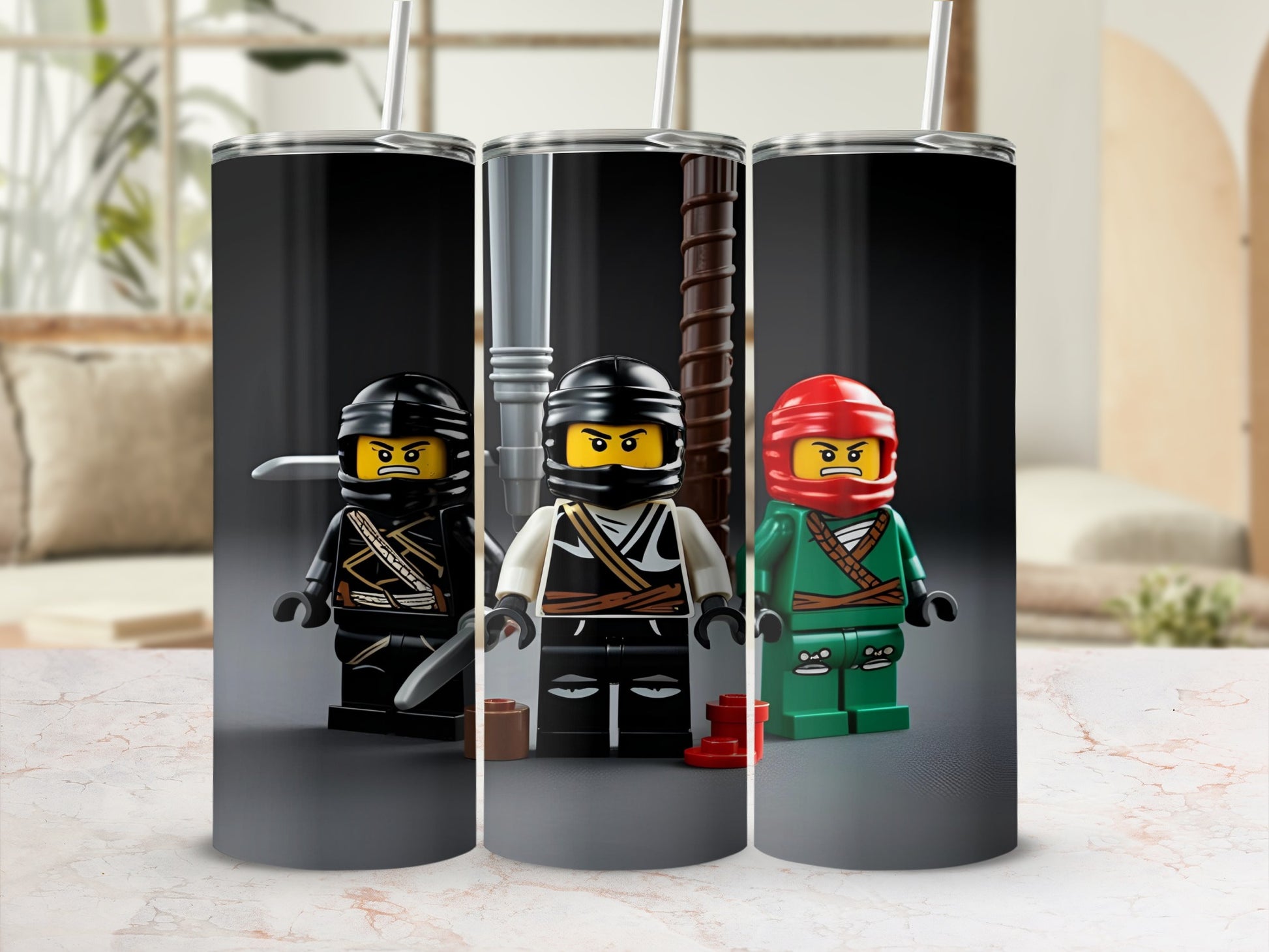 Three Lego Ninjago characters on a tumbler cup.