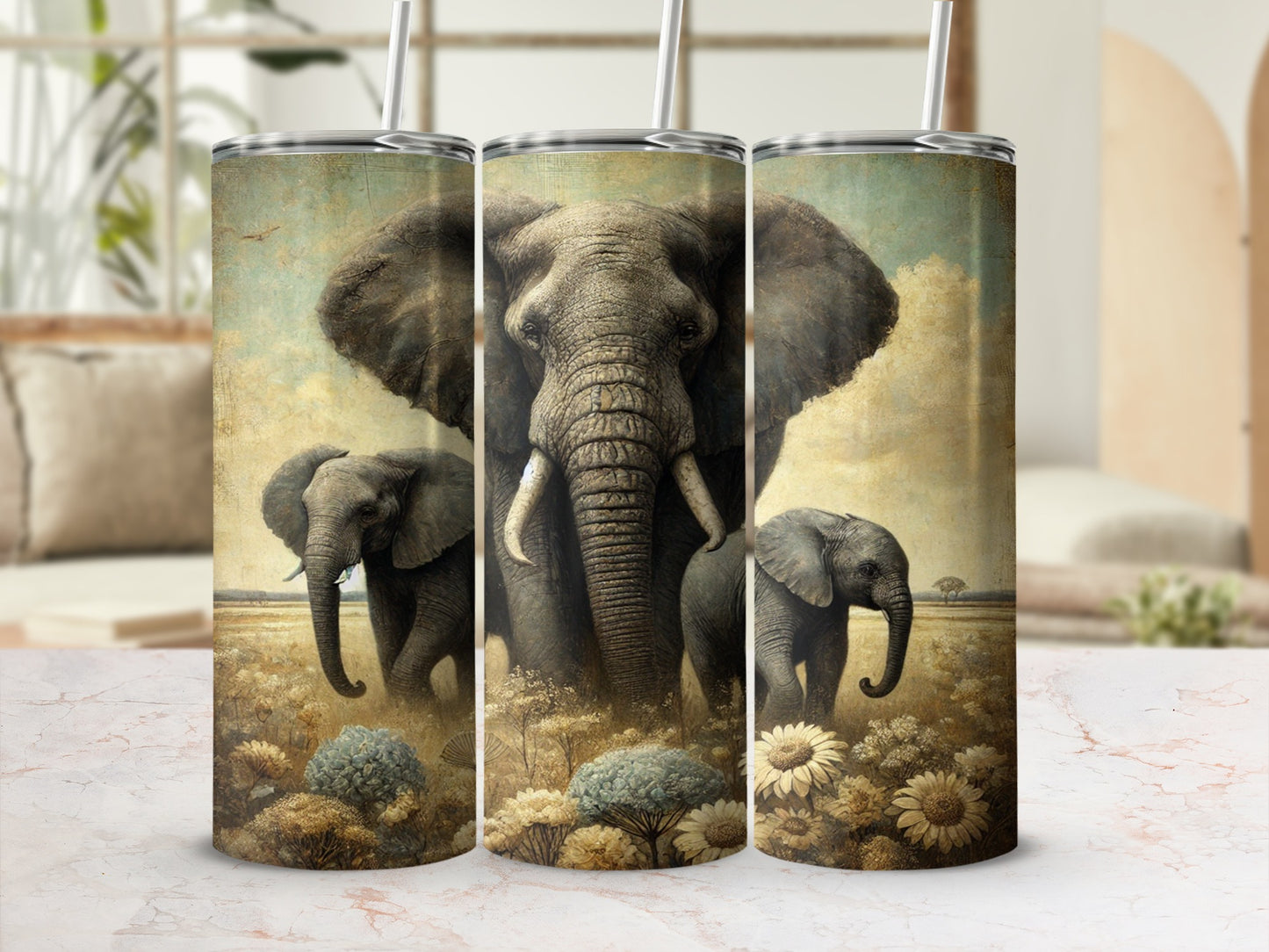 Elegant Wildlife Elephant Art Insulated Tumbler Cup
