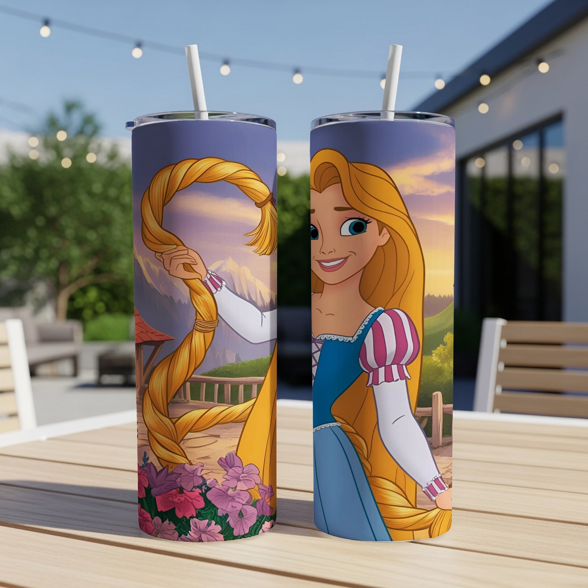 Rapunzel in blue dress with long blonde hair holding a braid, on a tumbler.