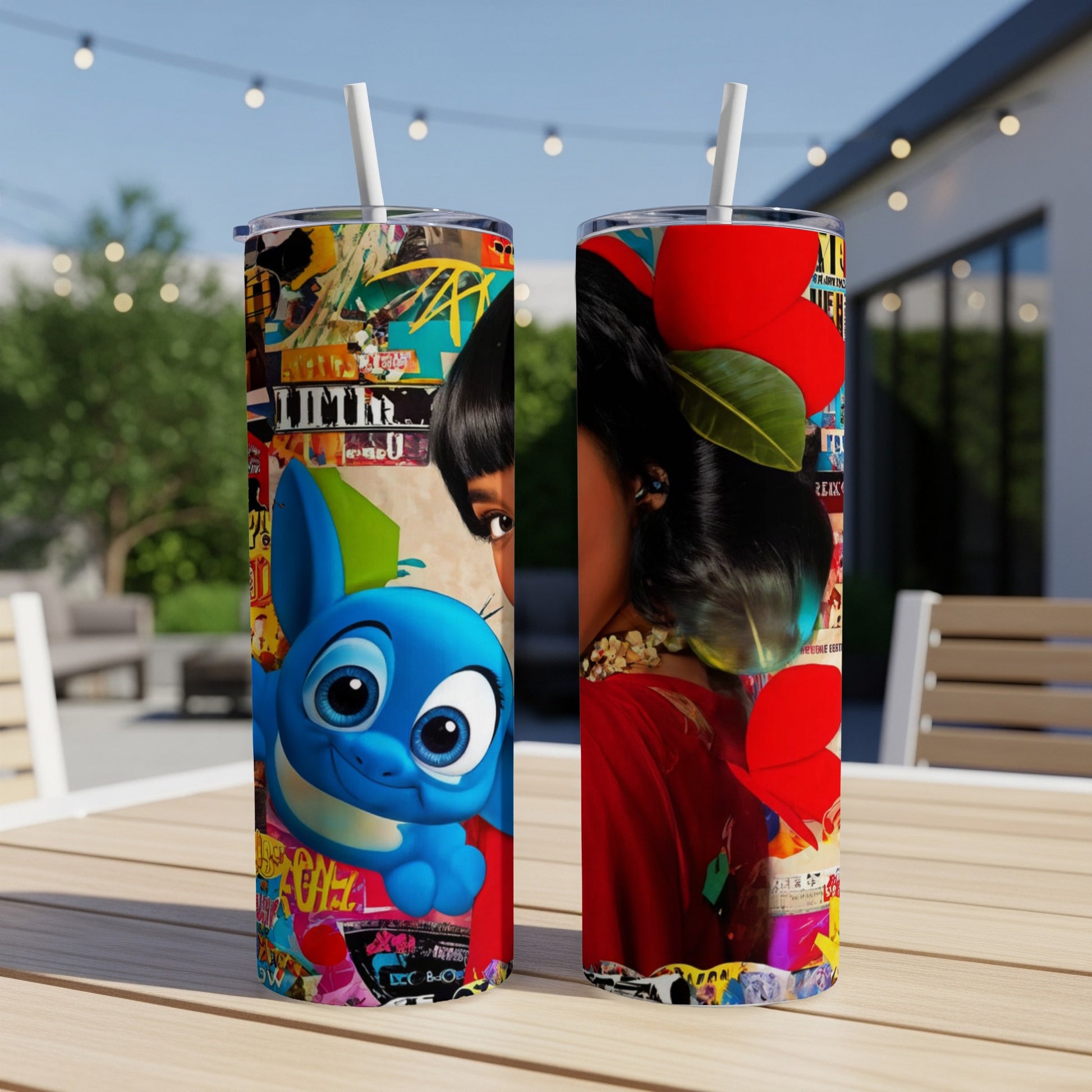 Two tumblers with Frida Kahlo and Stitch artwork on a wooden table.