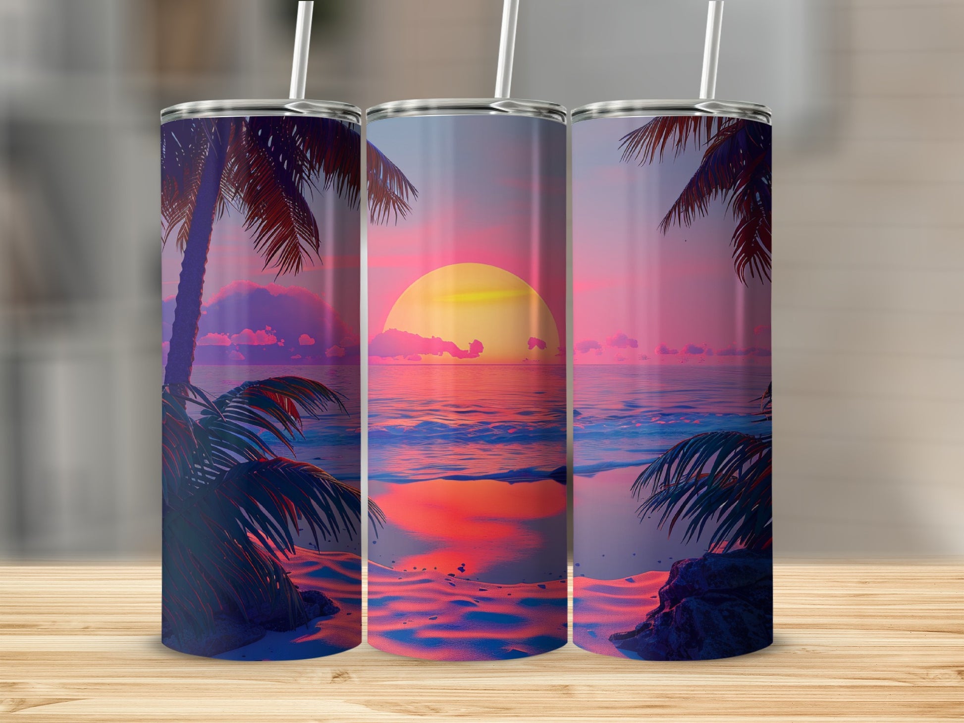 Three tumblers displaying a tropical beach sunset with palm trees.