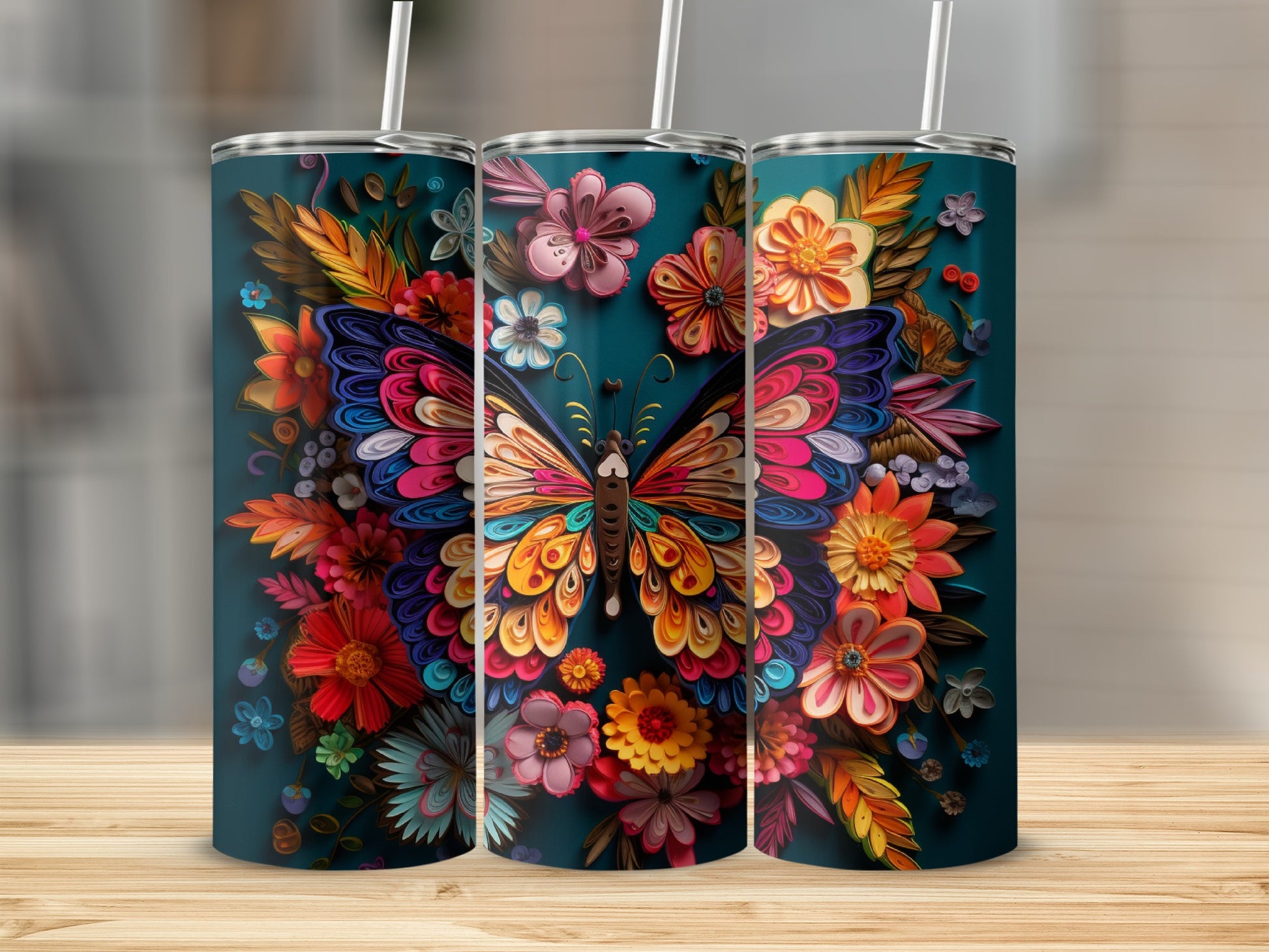 Tumbler with a colorful butterfly and floral design.