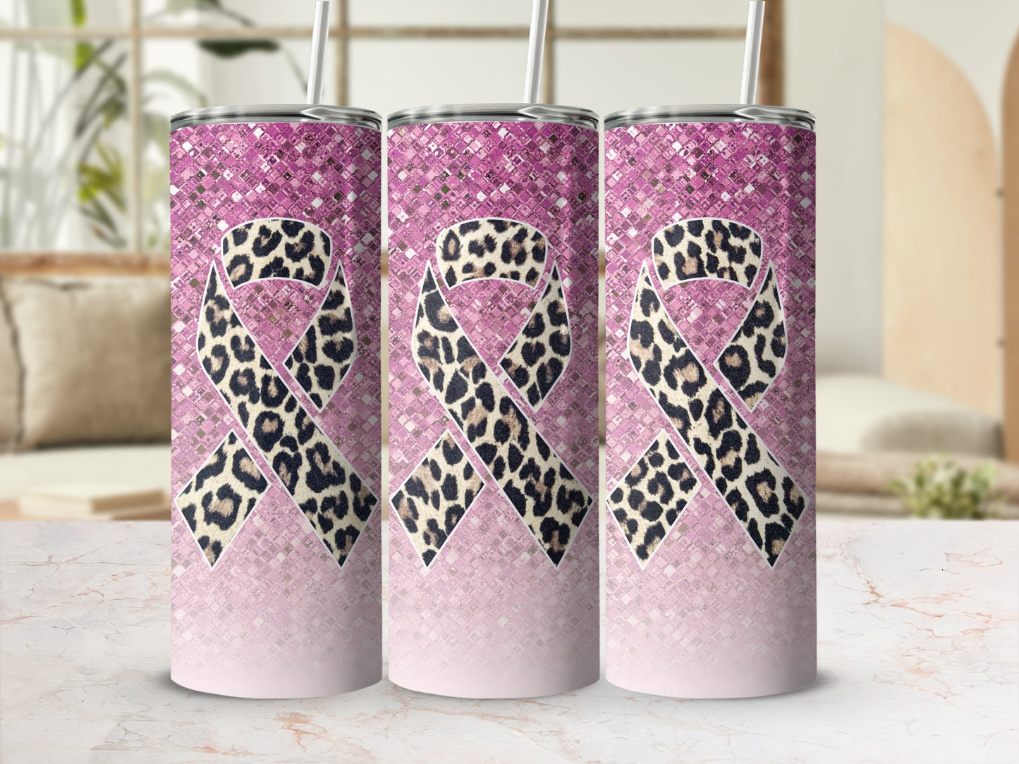 Pink glitter tumbler with leopard print ribbon design