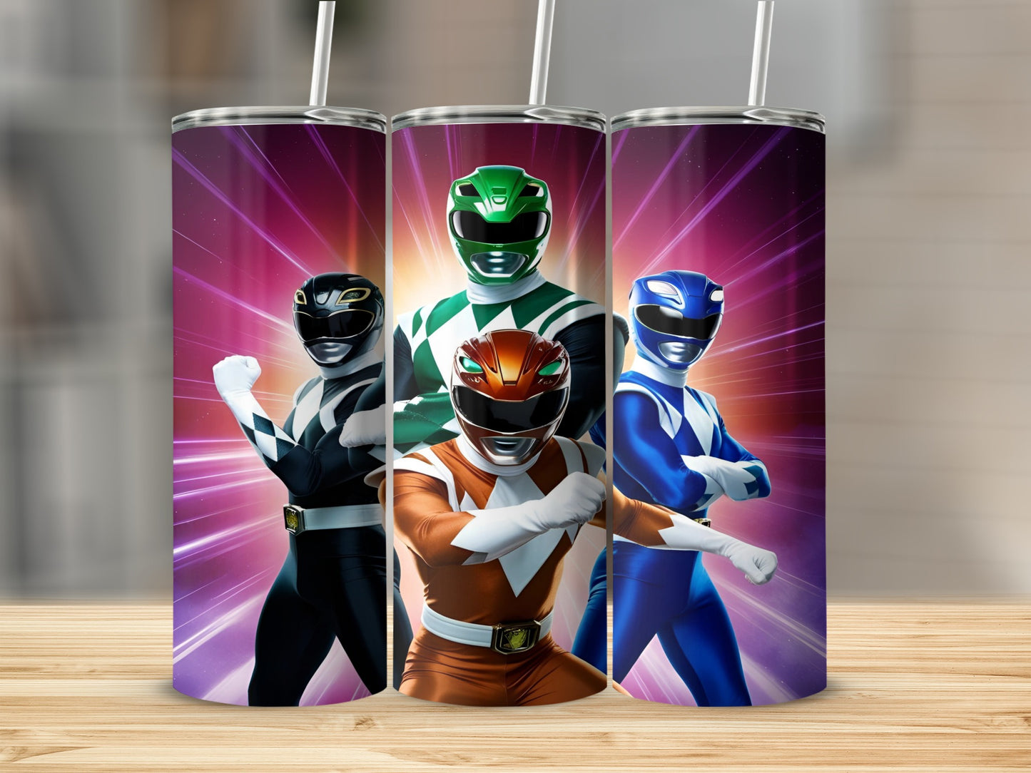 Four Power Rangers in colorful suits with helmets on a starry background.