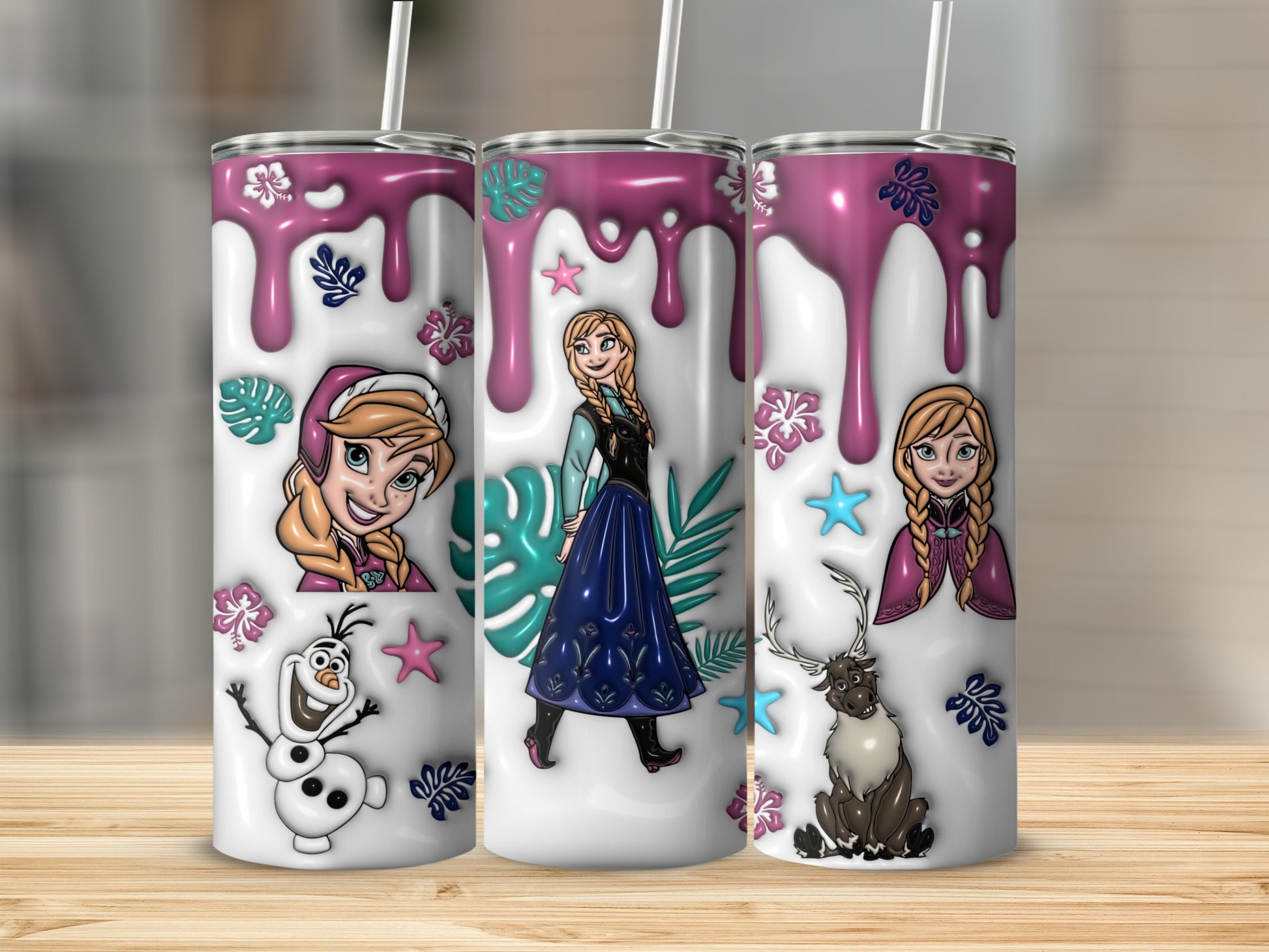 Three tumblers featuring Anna, Olaf, Sven, and Frozen-themed designs.