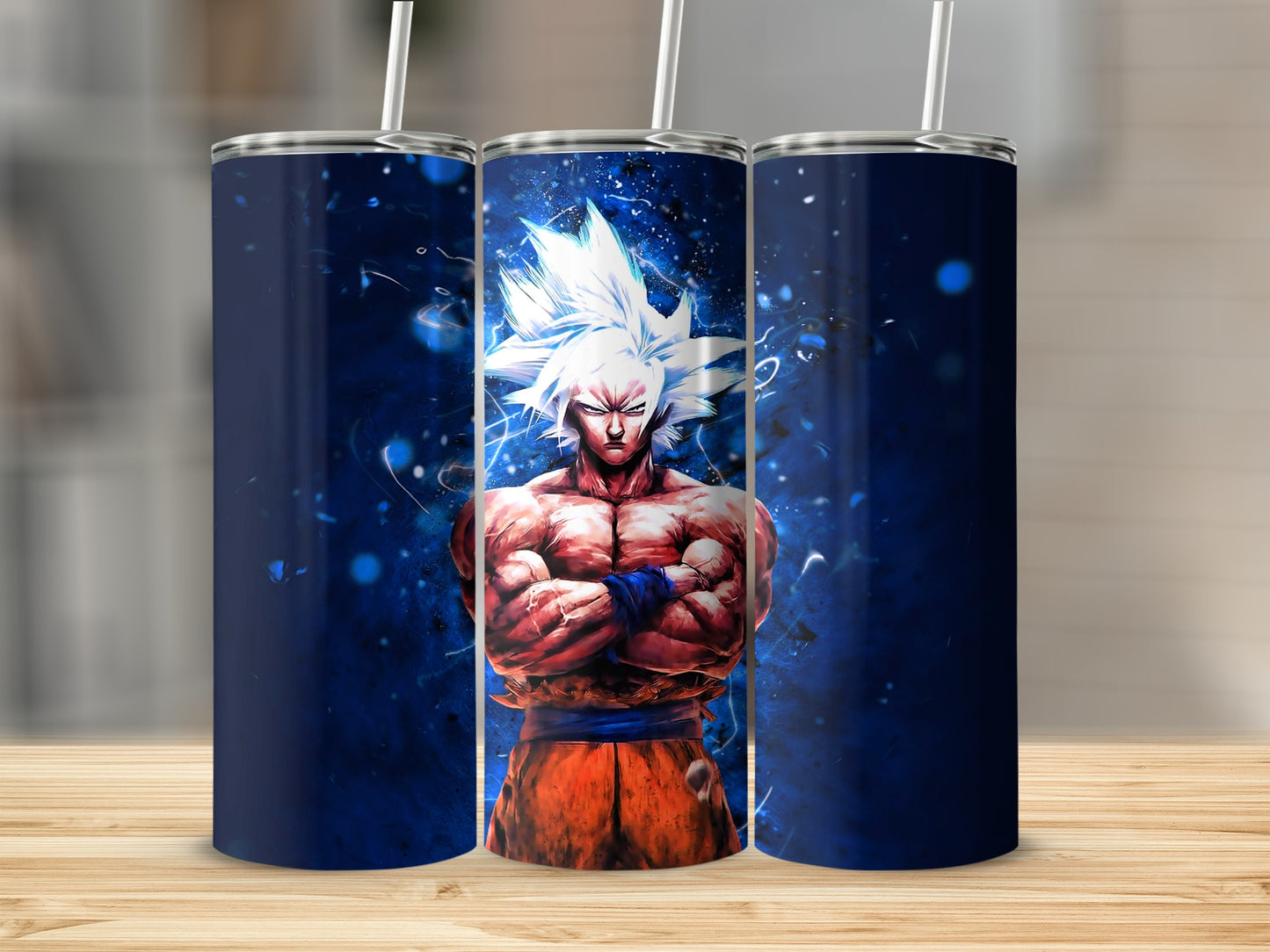 Goku with spiky white hair and orange pants, arms crossed, against blue energy background.