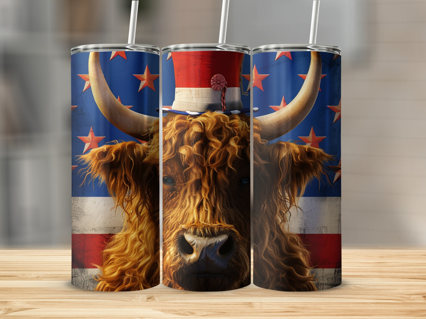 Highland cow wearing a patriotic hat and stars and stripes background.