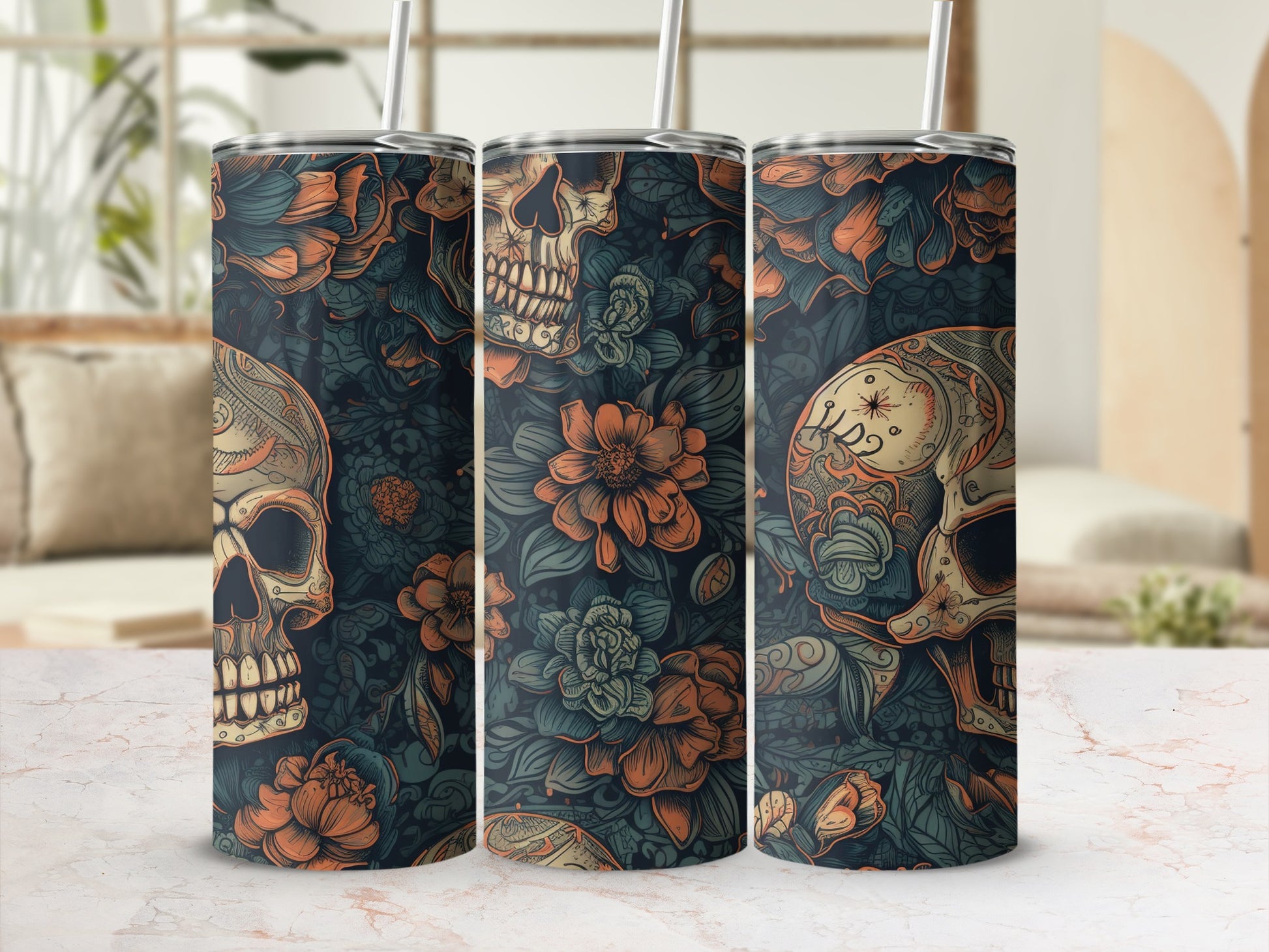 Day of the Dead Skull and Floral Design Tumbler