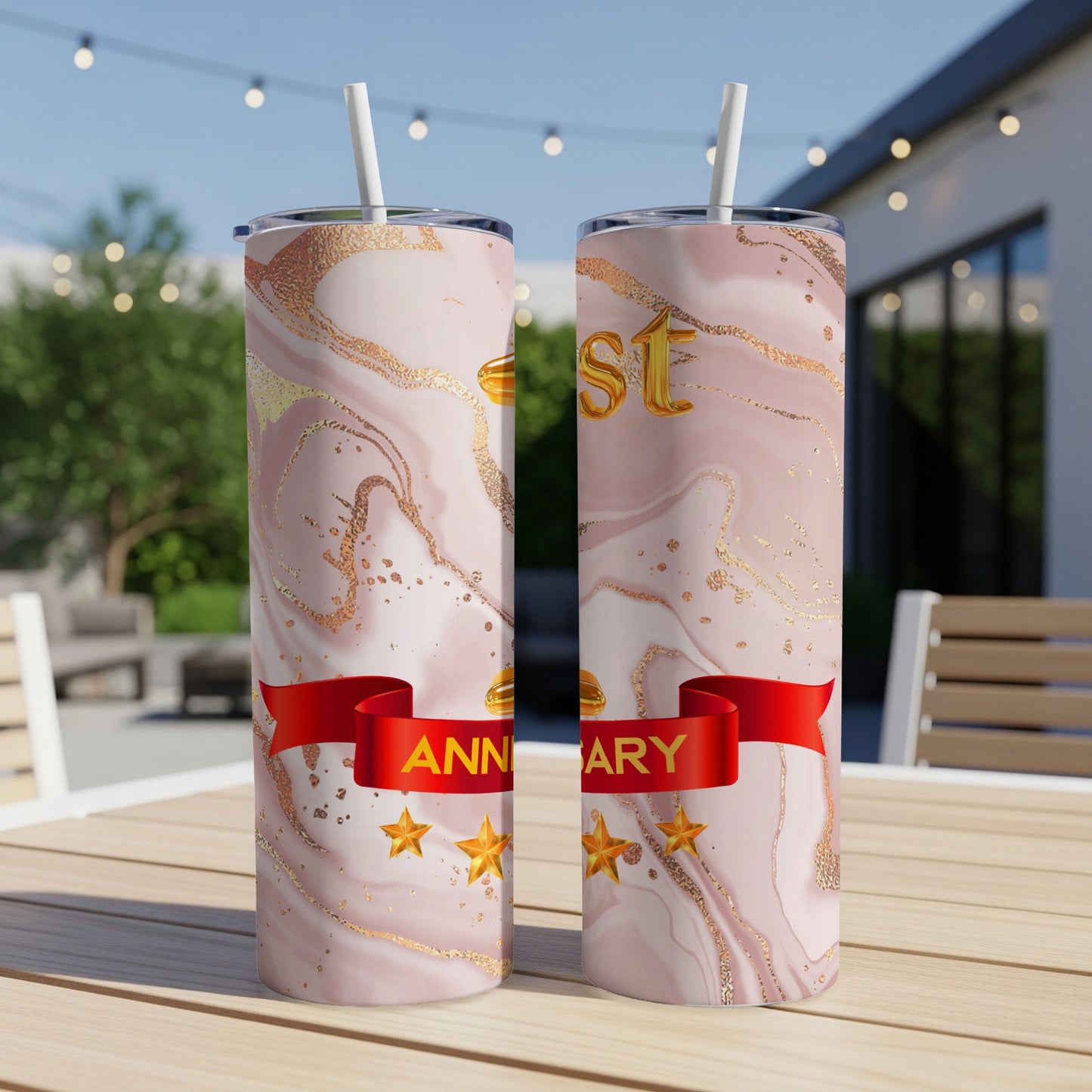 Two tumblers with marble pattern, red ribbon, stars, and "Anniversary 1st" text.