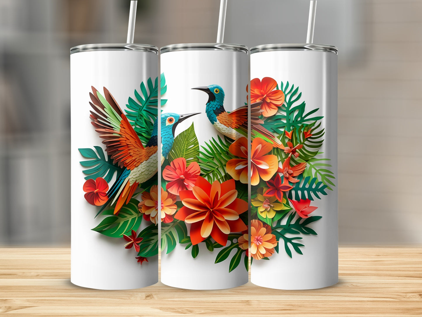 Tropical Floral and Hummingbird Design Tumbler Product