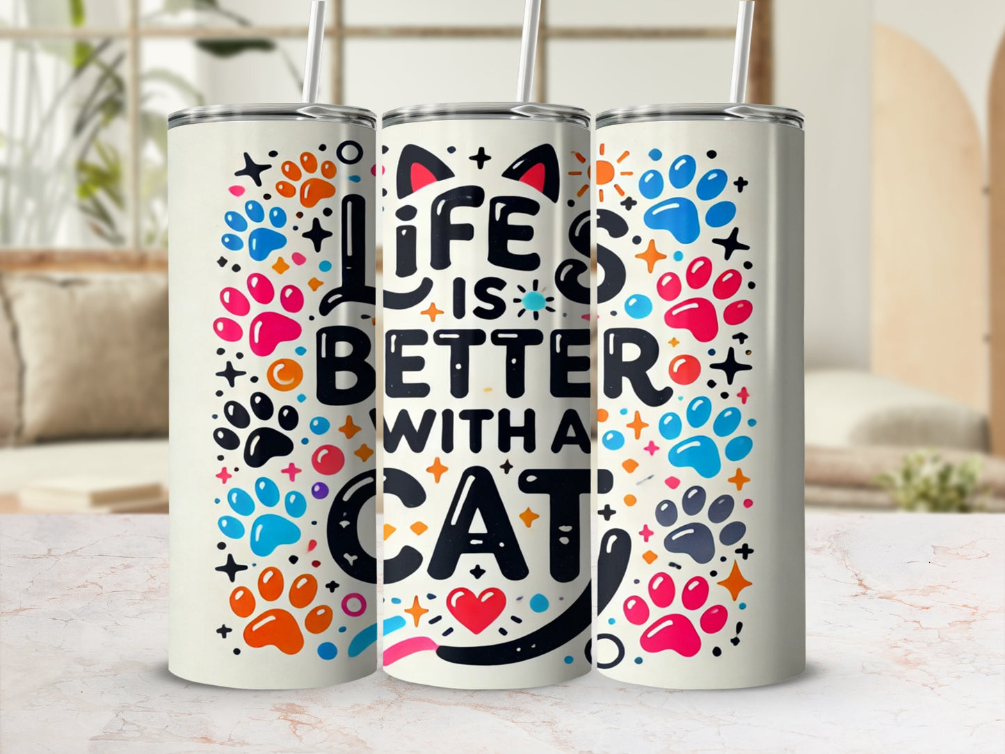 Colorful Cat Lover Insulated Tumbler with Paws Design