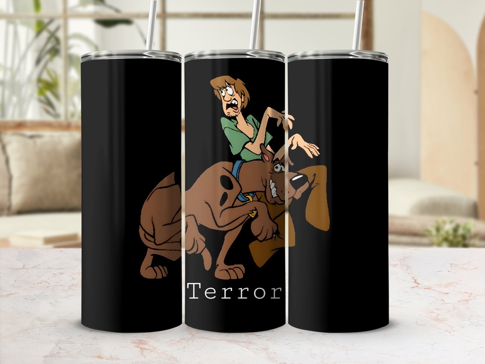 Scooby-Doo and Shaggy on a black tumbler with "Terror" text.