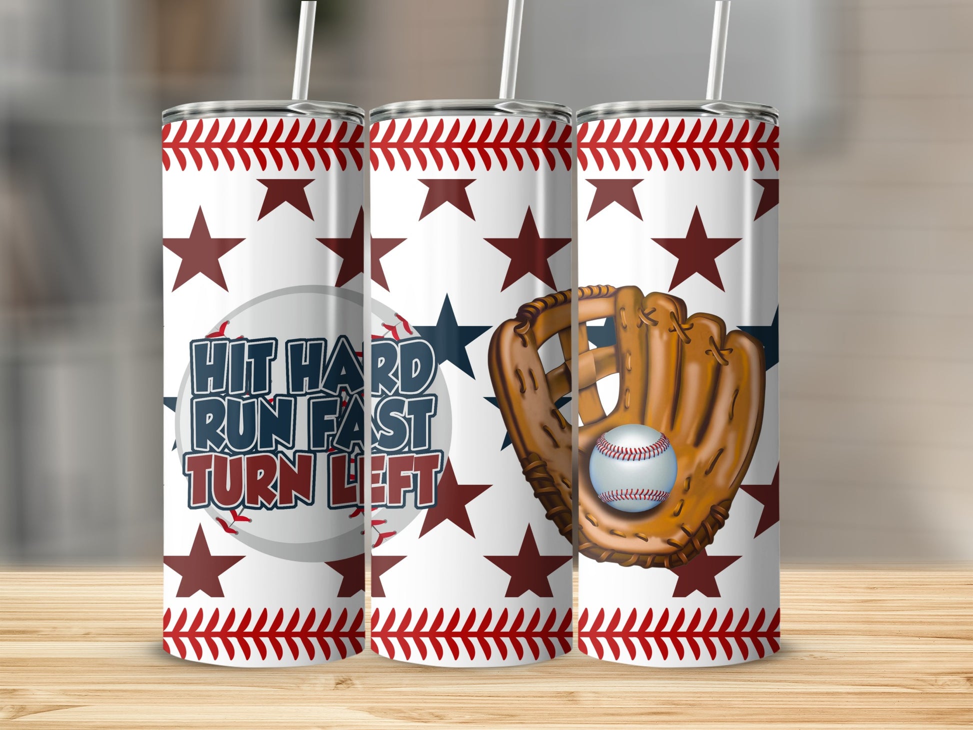 Baseball themed tumbler with "Hit Hard Run Fast Turn Left" text.