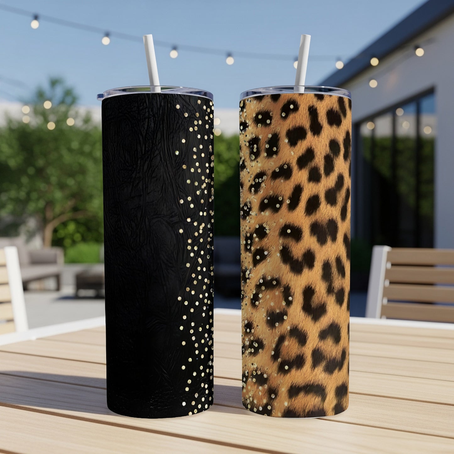 Two tumblers side-by-side, one black with gold glitter, the other leopard print.