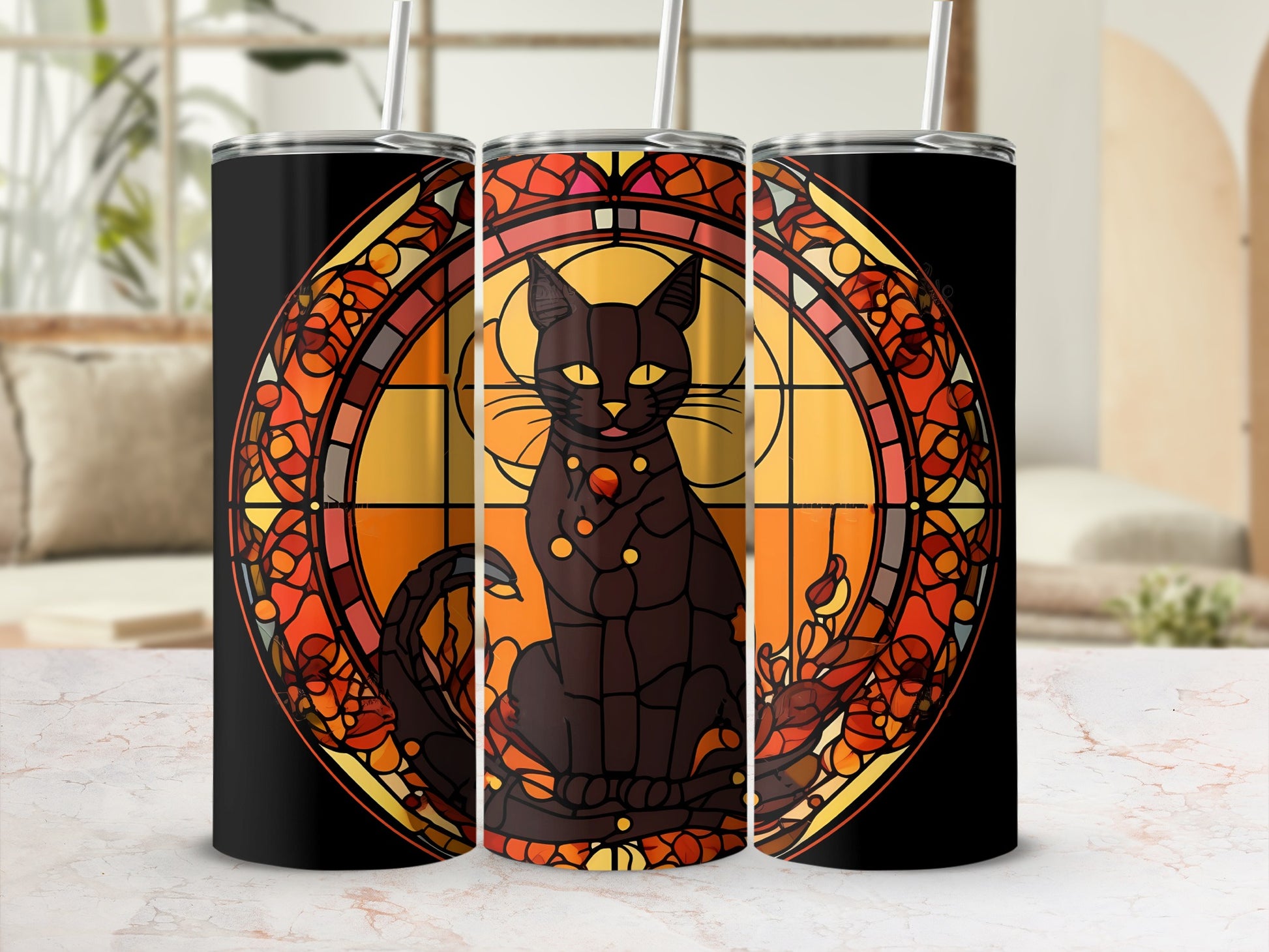 Black cat in stained glass design on a black tumbler.
