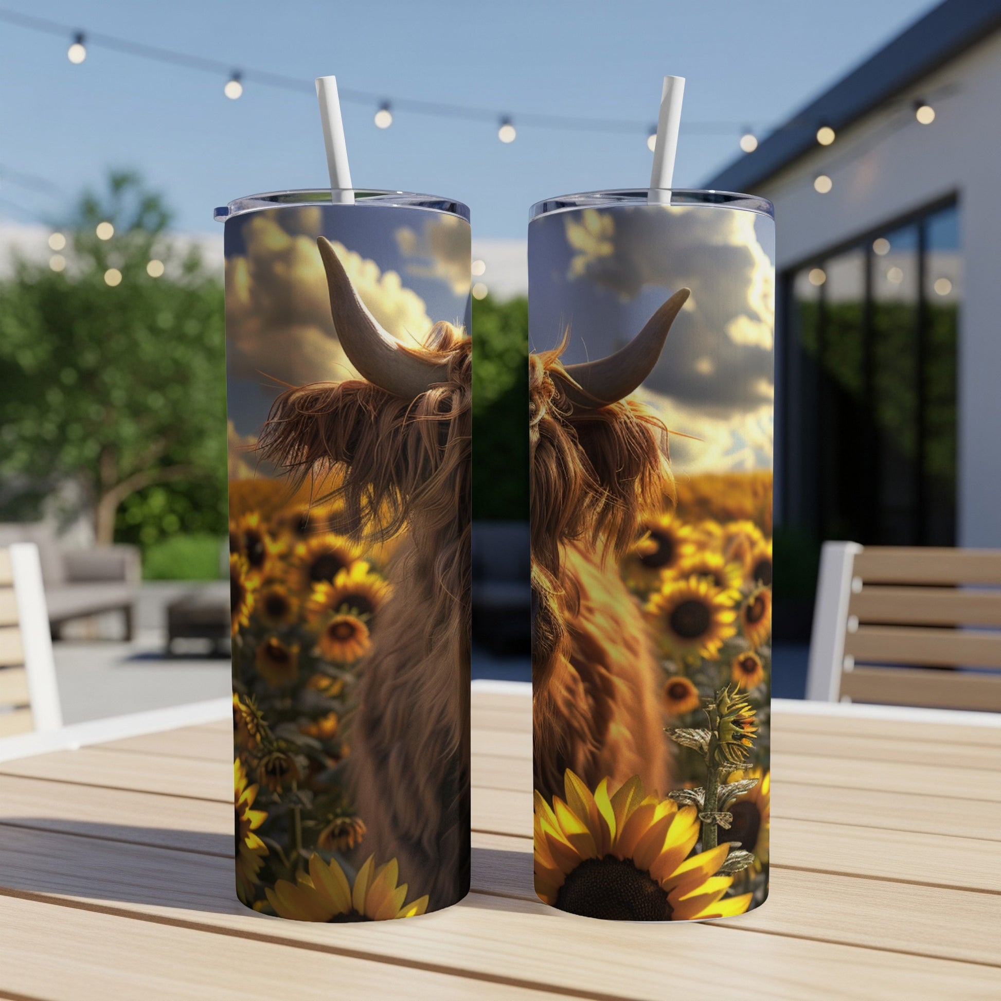 Highland cow with sunflowers on a tumbler, outdoors.