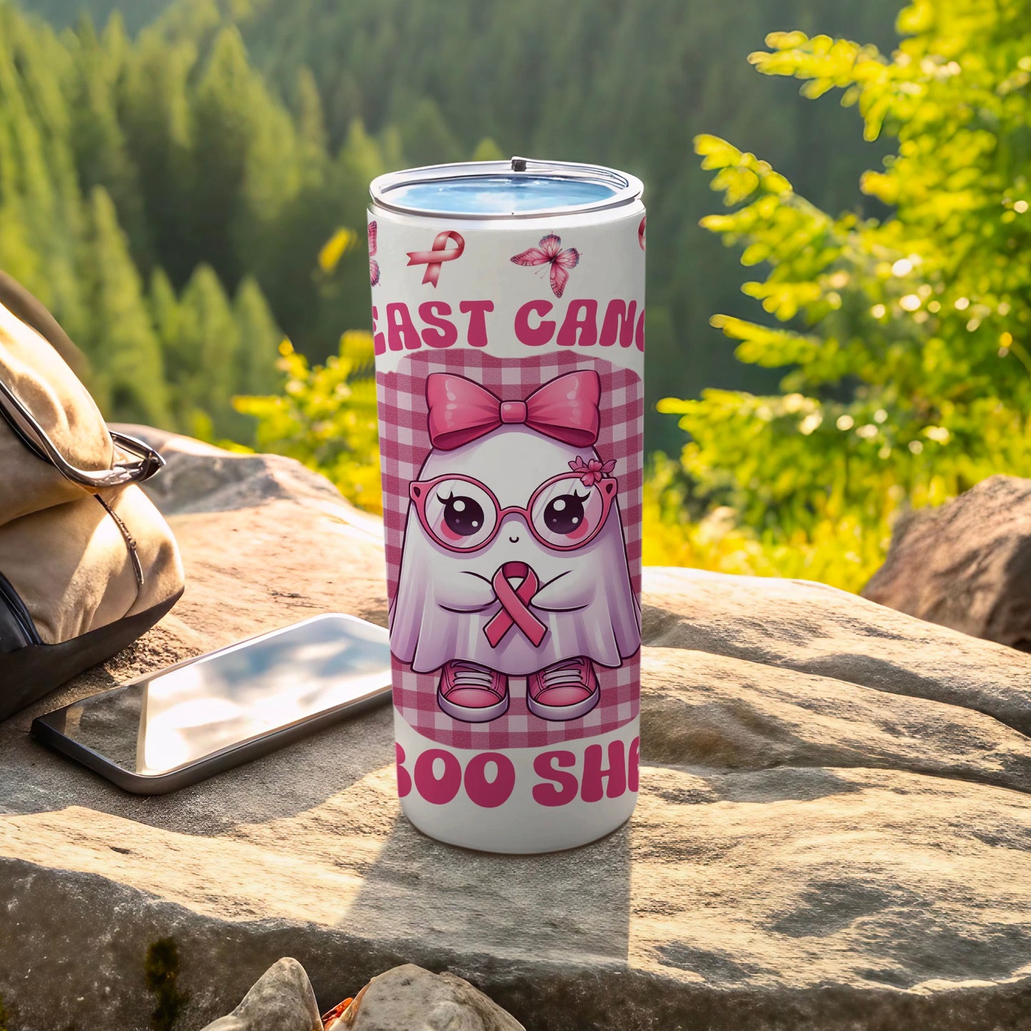Pink ghost with glasses and bow on a tumbler, "Breast Cancer Boo" text.