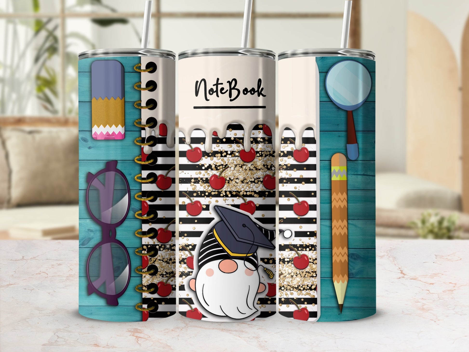 Gnome with graduation cap, apples, and school supplies on a tumbler.