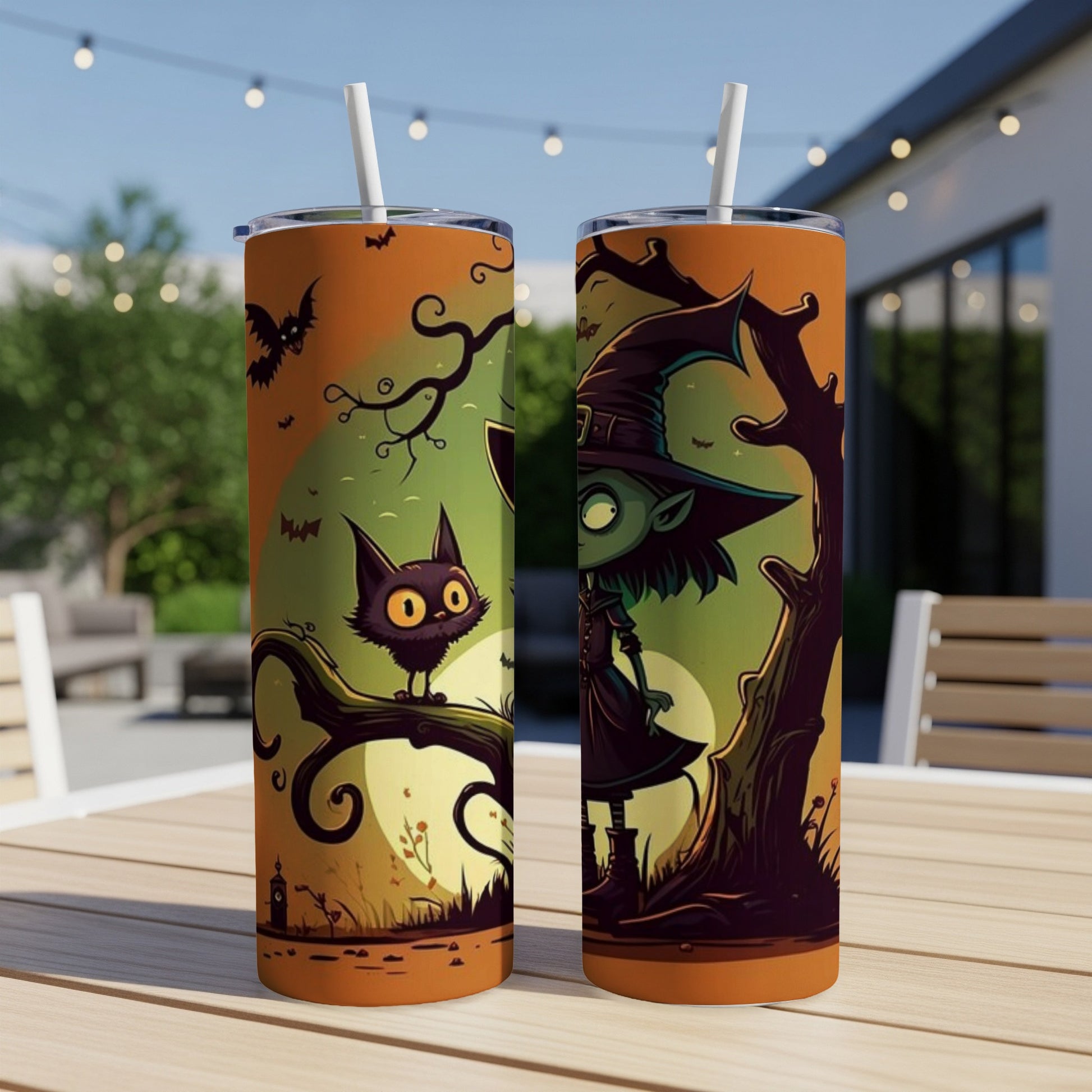 Two Halloween tumblers with a witch and cat on a tree branch design.