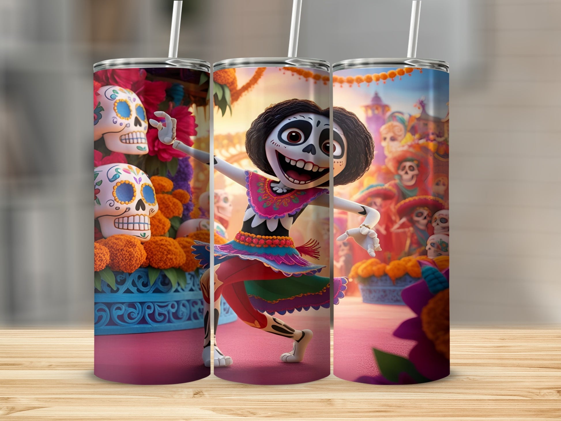 "Coco" character Miguel dancing with colorful skulls and marigolds.