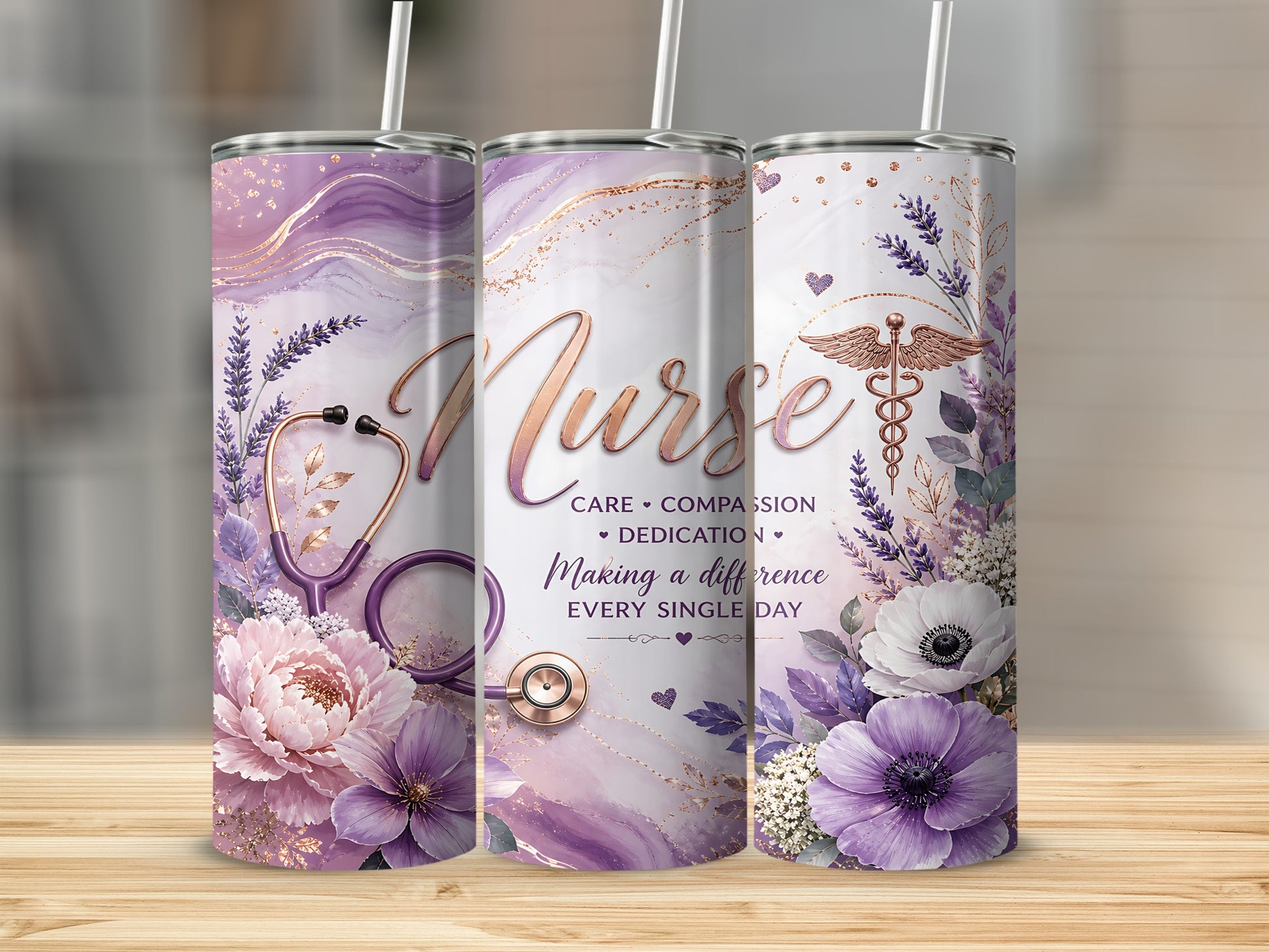 Nurse tumbler with floral design and stethoscope.