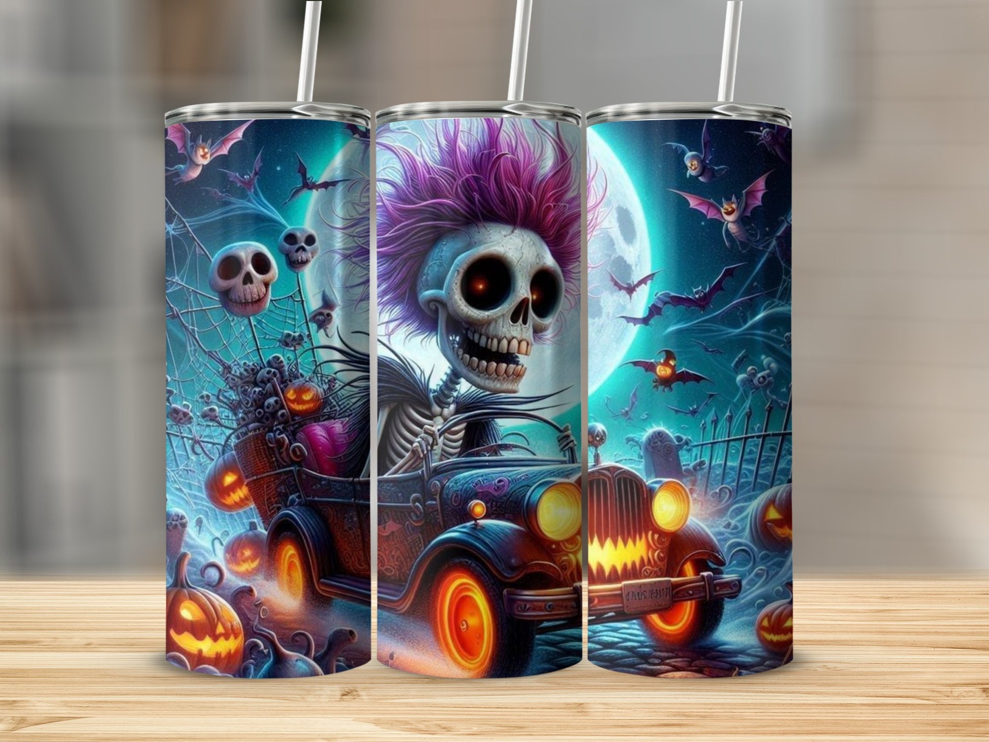 Spooky Halloween Skeleton and Car Themed Tumblr Cup