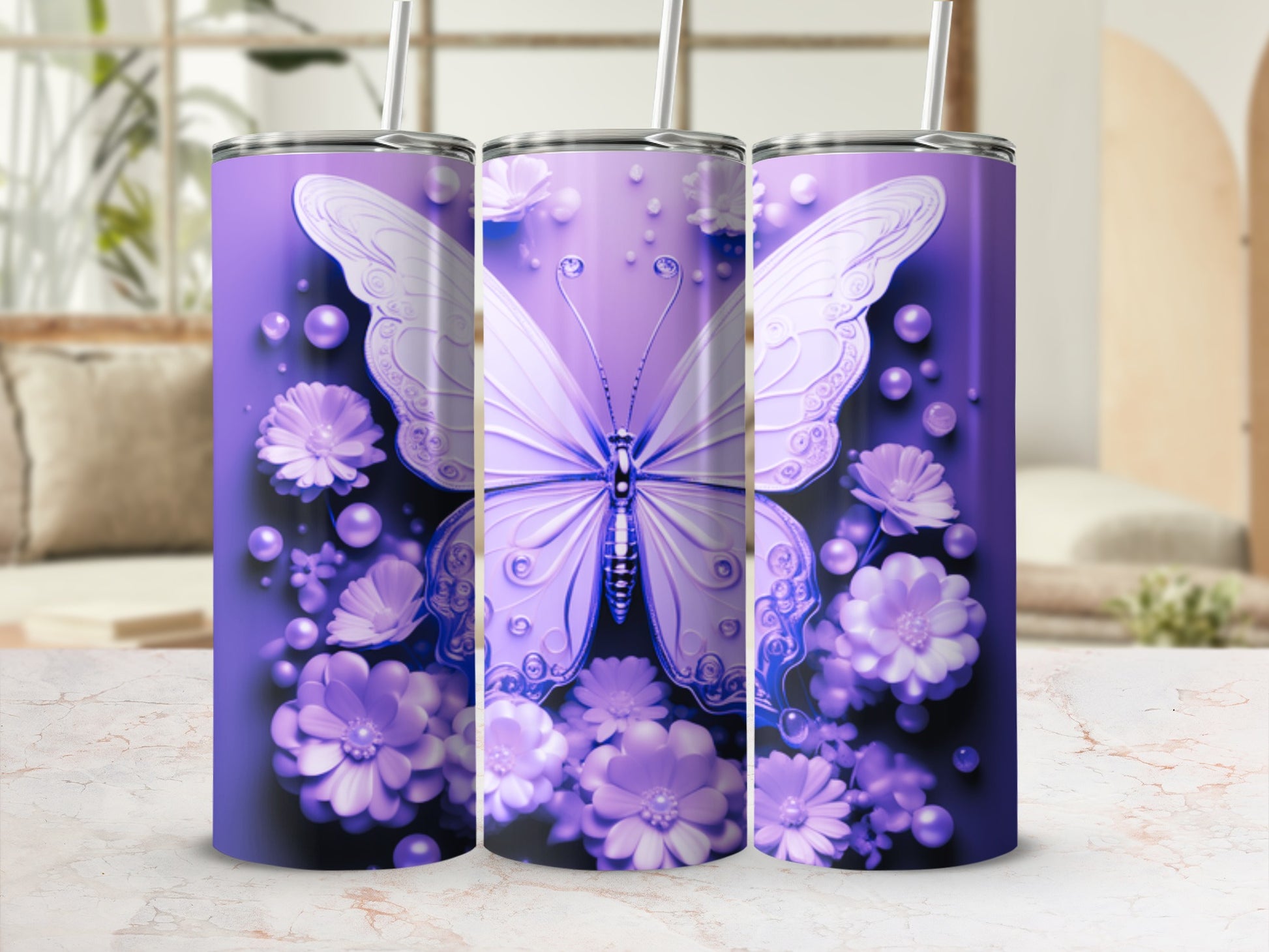 Purple tumbler with large butterfly and floral design.
