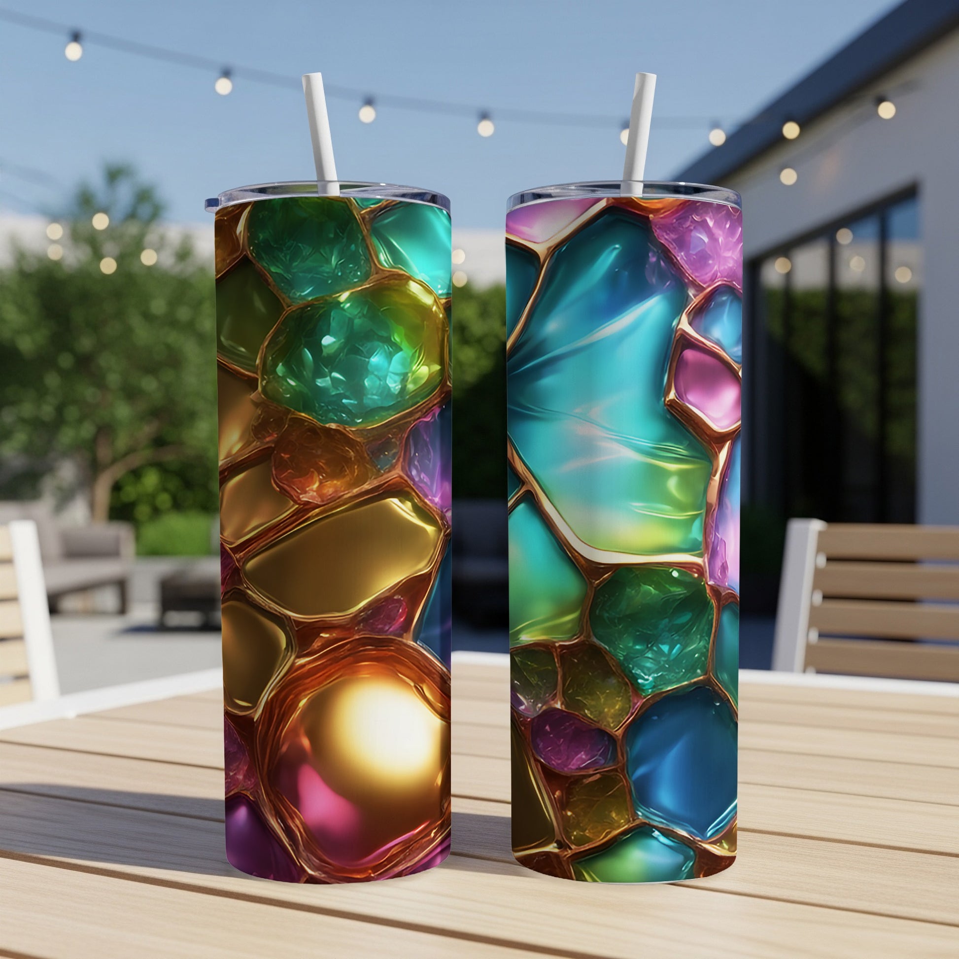 Two tall, colorful tumblers with a gemstone-like pattern sit on a wooden table.