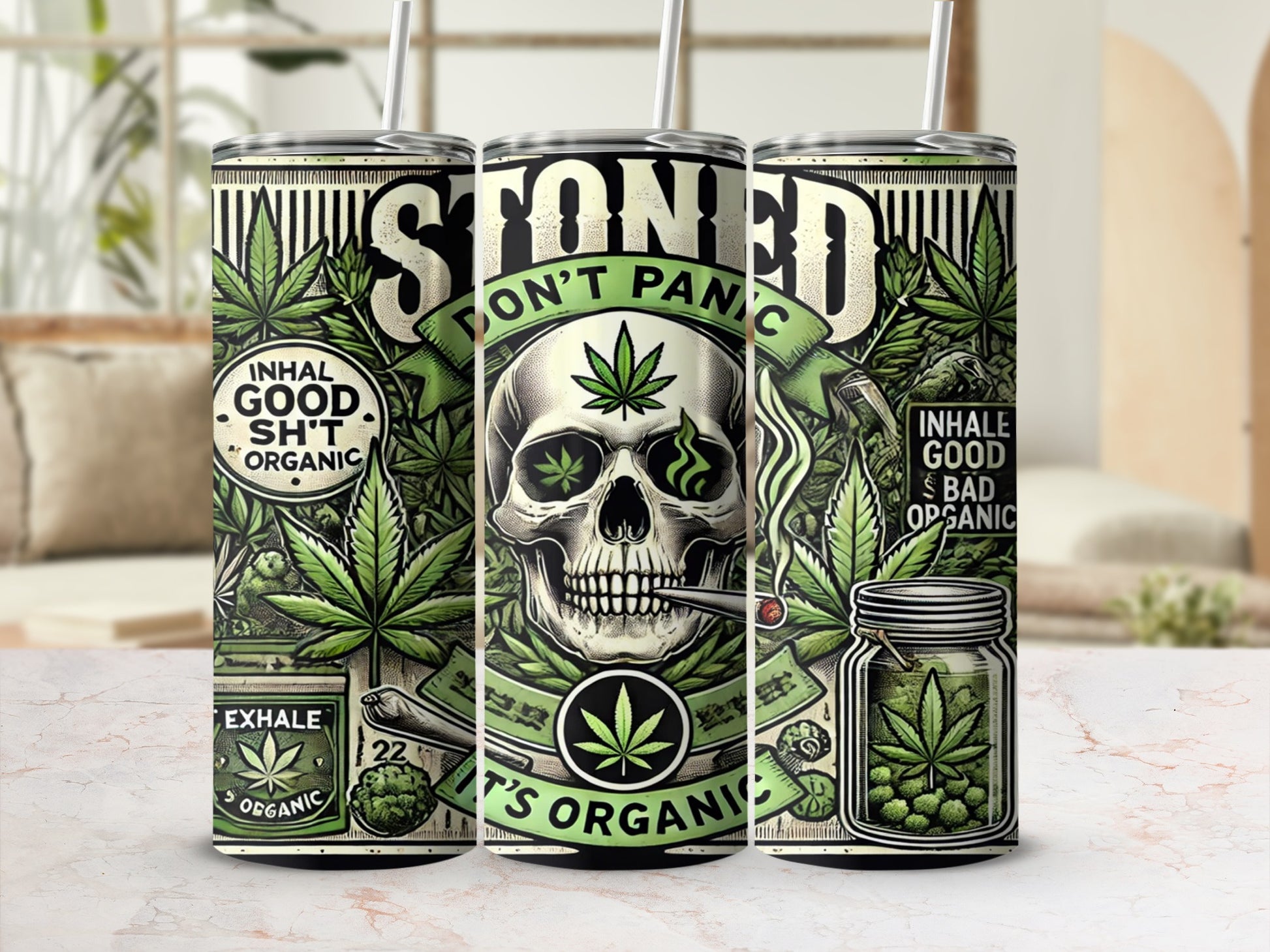 Skull and Marijuana Themed Organic Stainless Steel Tumbler