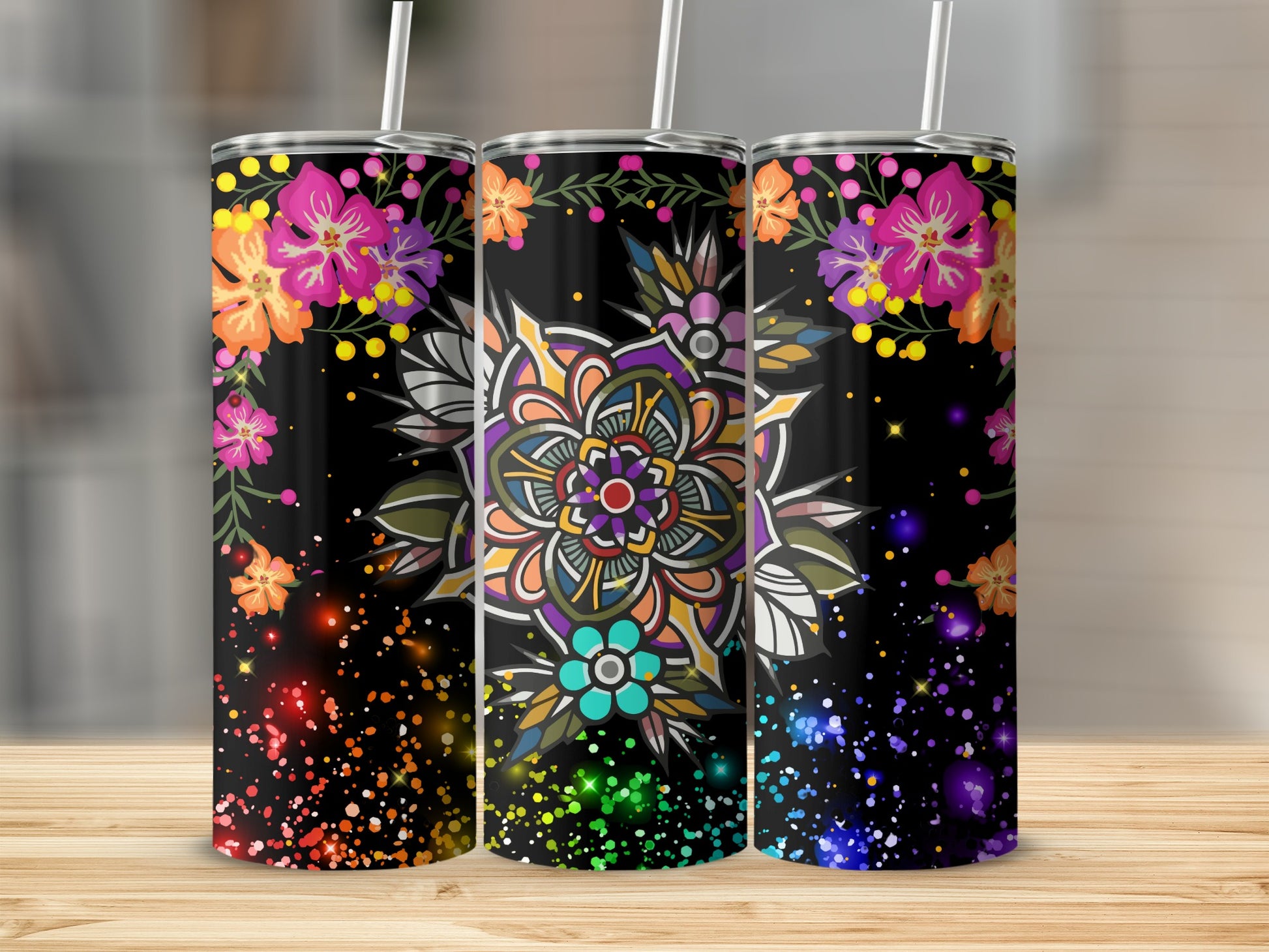 Colorful Floral and Mandala Design Tumbler Cup