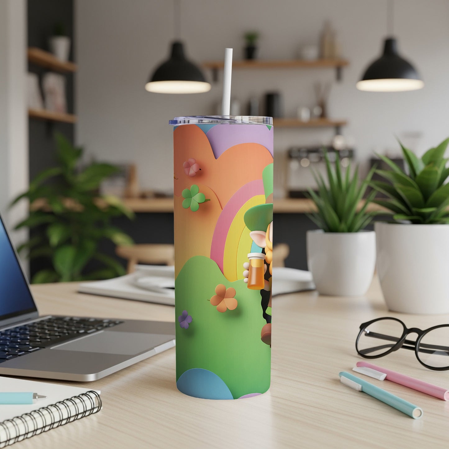 Leprechaun holding a mug on a rainbow-themed tumbler with a straw.