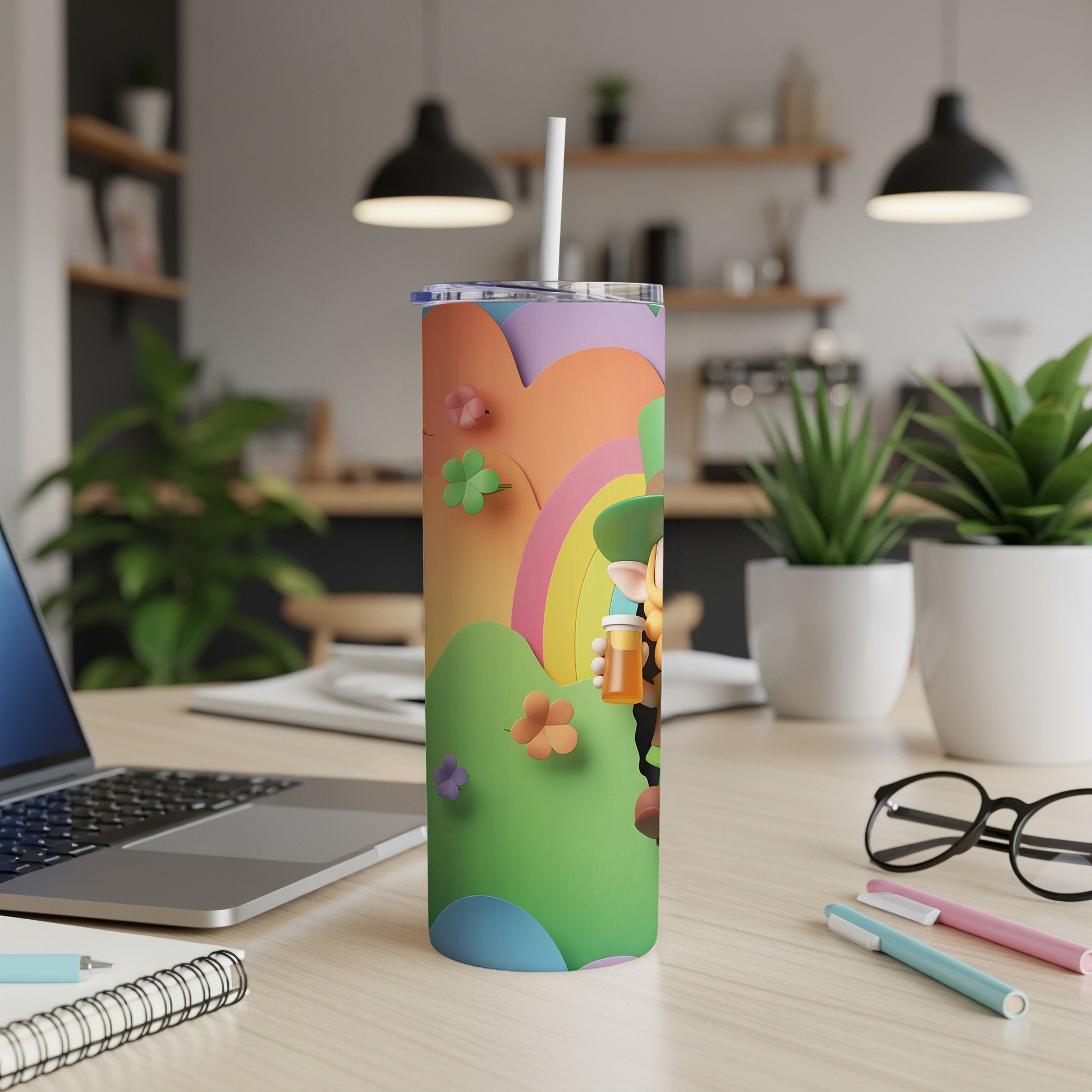 Leprechaun holding a mug on a rainbow-themed tumbler with a straw.