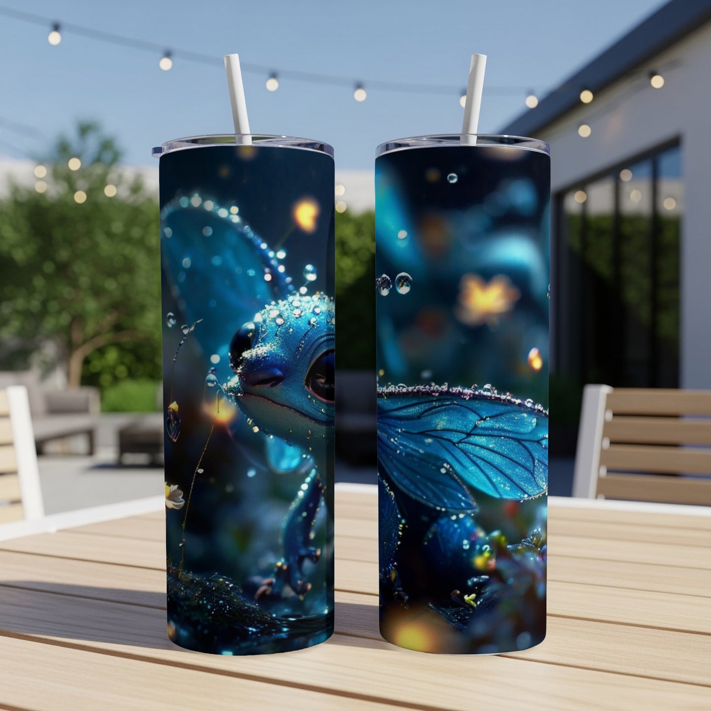 Two tumblers featuring a blue dragon with butterfly wings and sparkling details.
