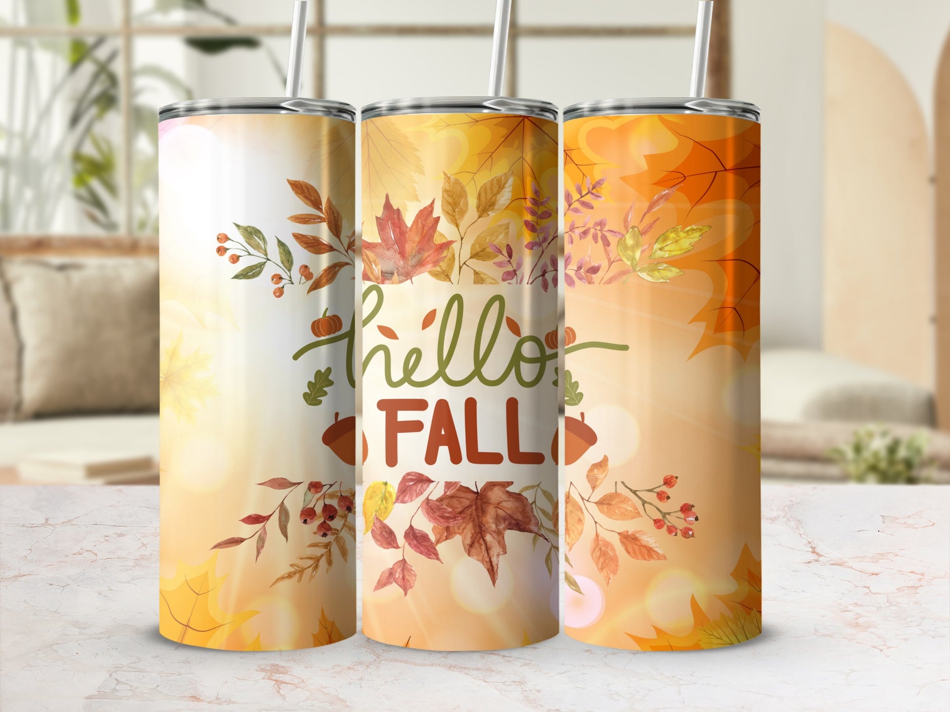 Hello Fall Autumn Leaves Design Tumbler Cups
