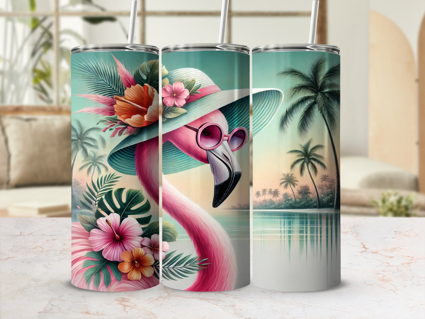 Tropical Flamingo and Palm Design Tumbler