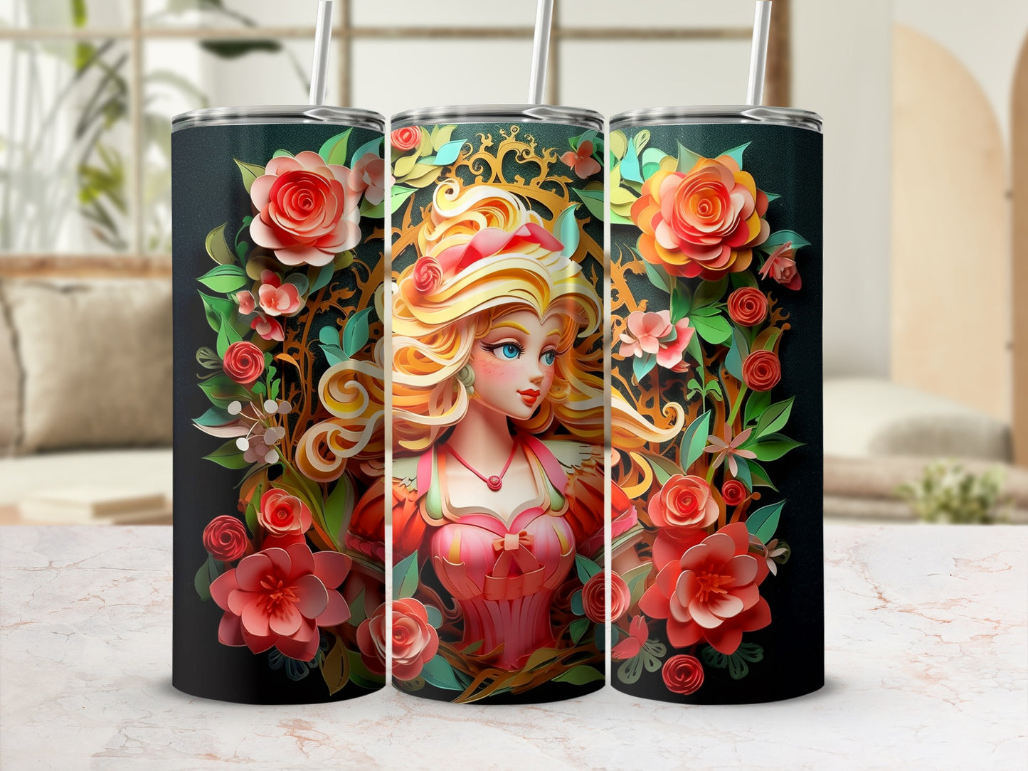 Vibrant Floral and Princess Art Design Tumbler Cup