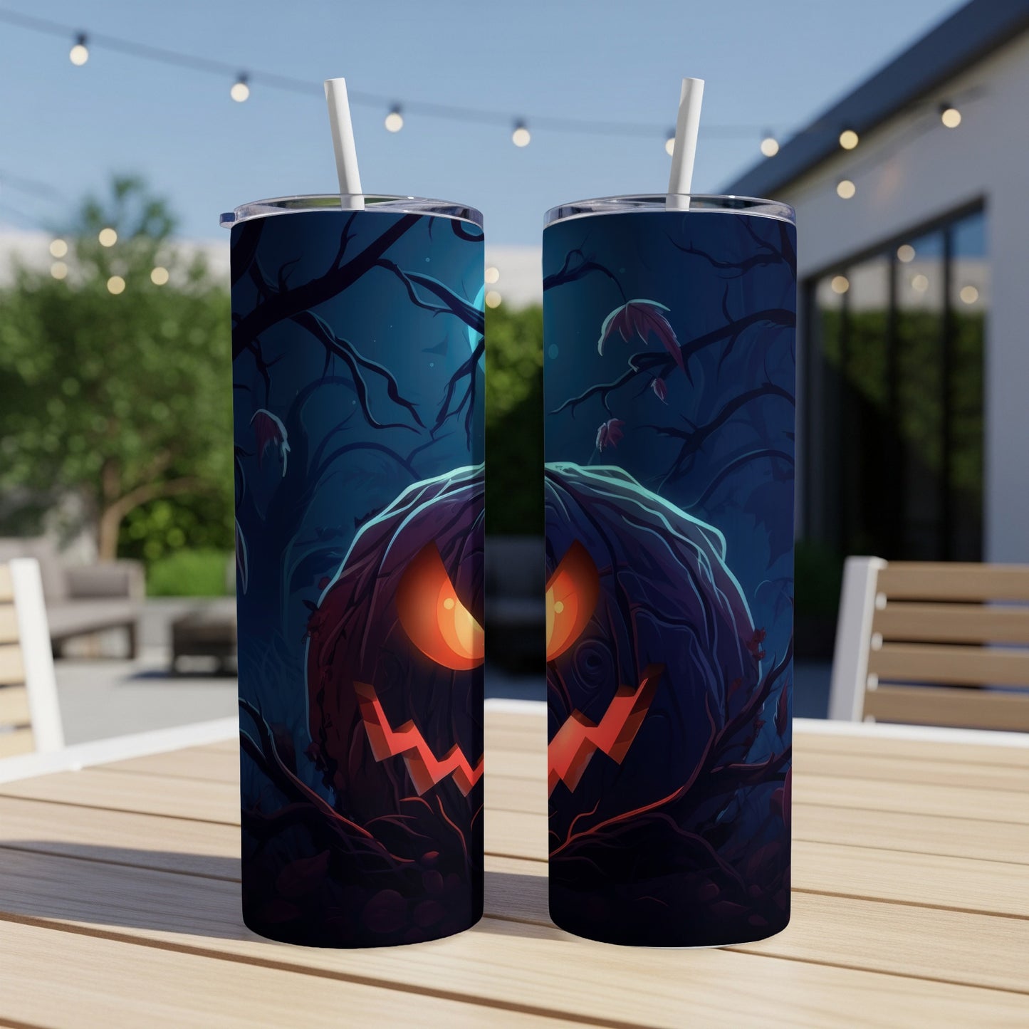 Two tumblers with a spooky jack-o'-lantern design in a dark forest setting.