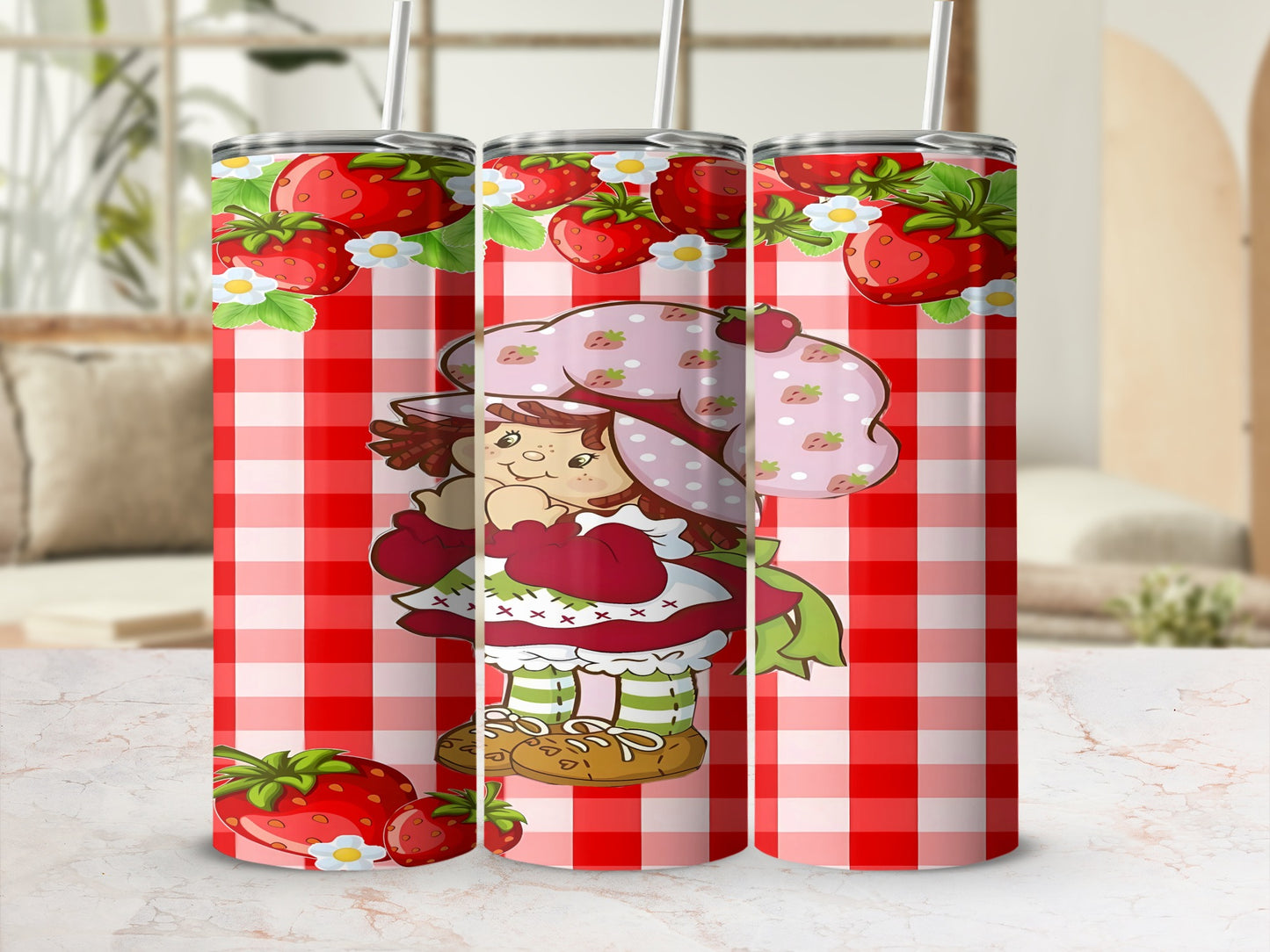 Strawberry Shortcake character with strawberries on a red and white checkered background.