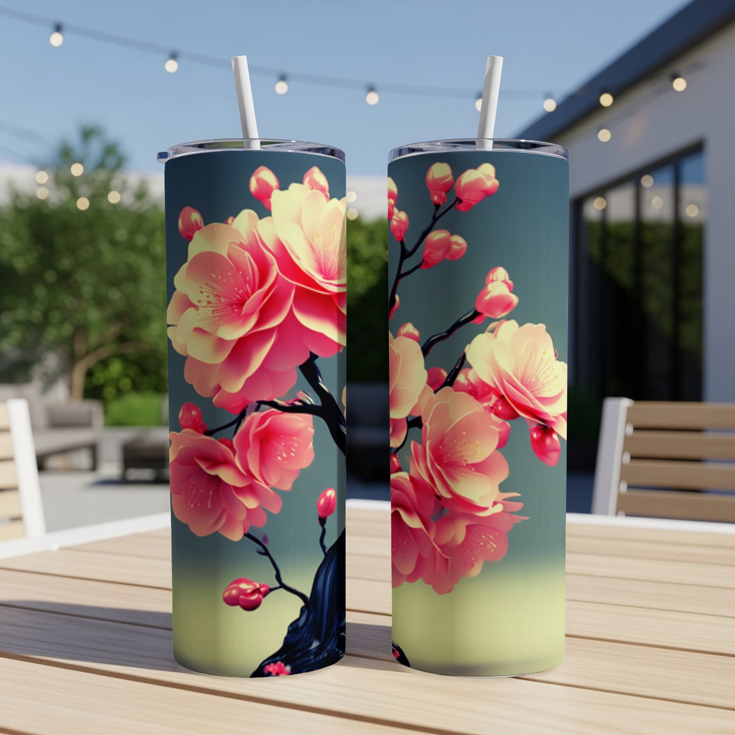 Two tall tumblers with pink cherry blossoms on a dark background.