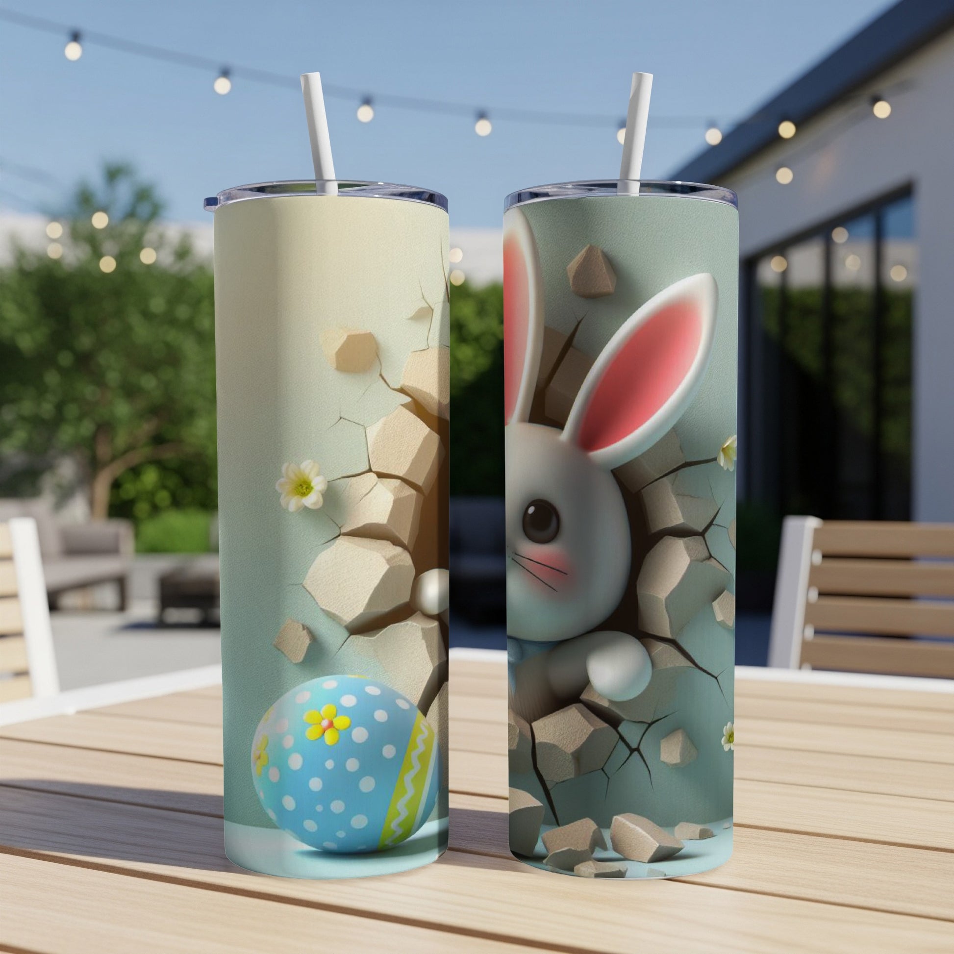 Easter bunny and egg design on two tumblers on a wooden table.